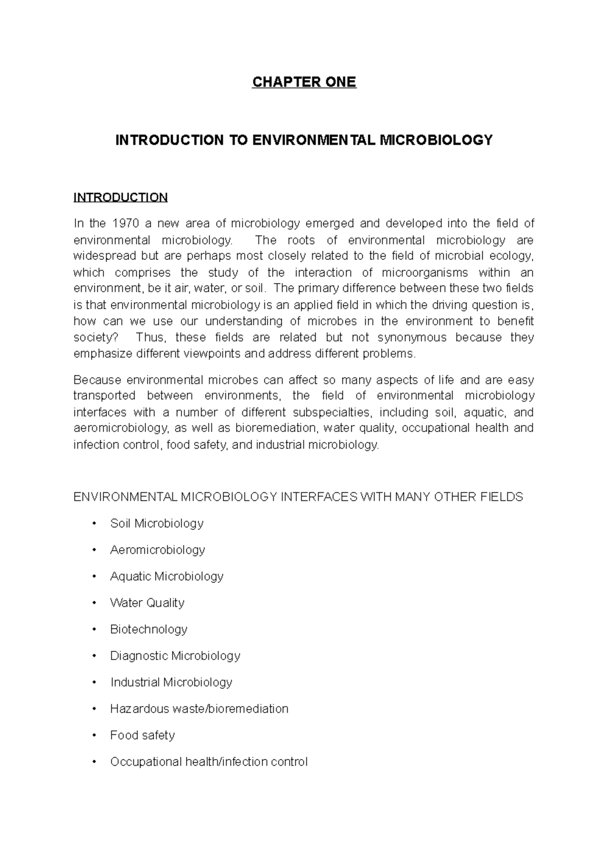 MIC 221 Lecture notes - CHAPTER ONE INTRODUCTION TO ENVIRONMENTAL ...