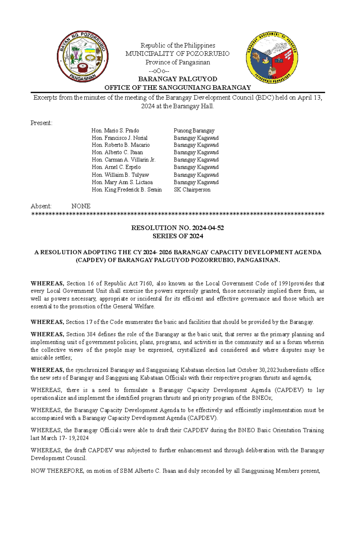 Resolution Capdev - Republic of the Philippines MUNICIPALITY OF ...