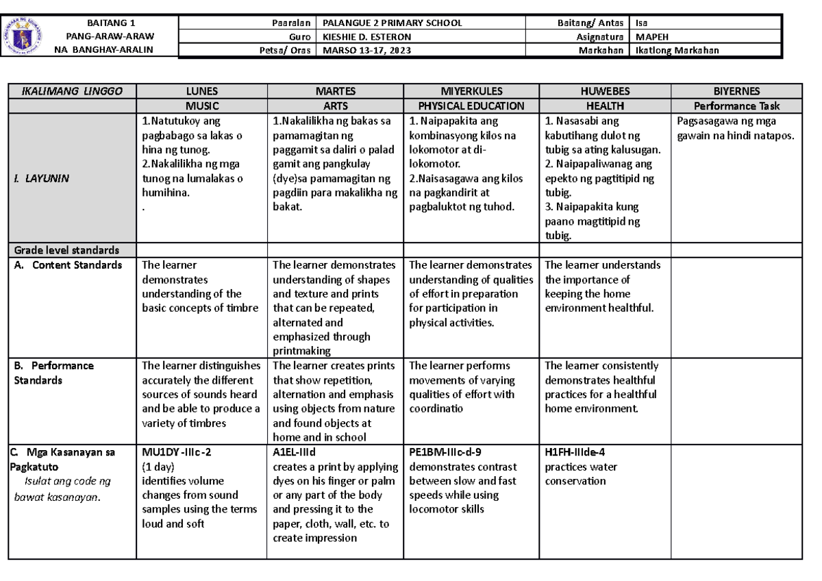 Mapeh 1-Q3-WEEK5 - Learning Plan - BAITANG 1 PANG-ARAW-ARAW NA BANGHAY ...