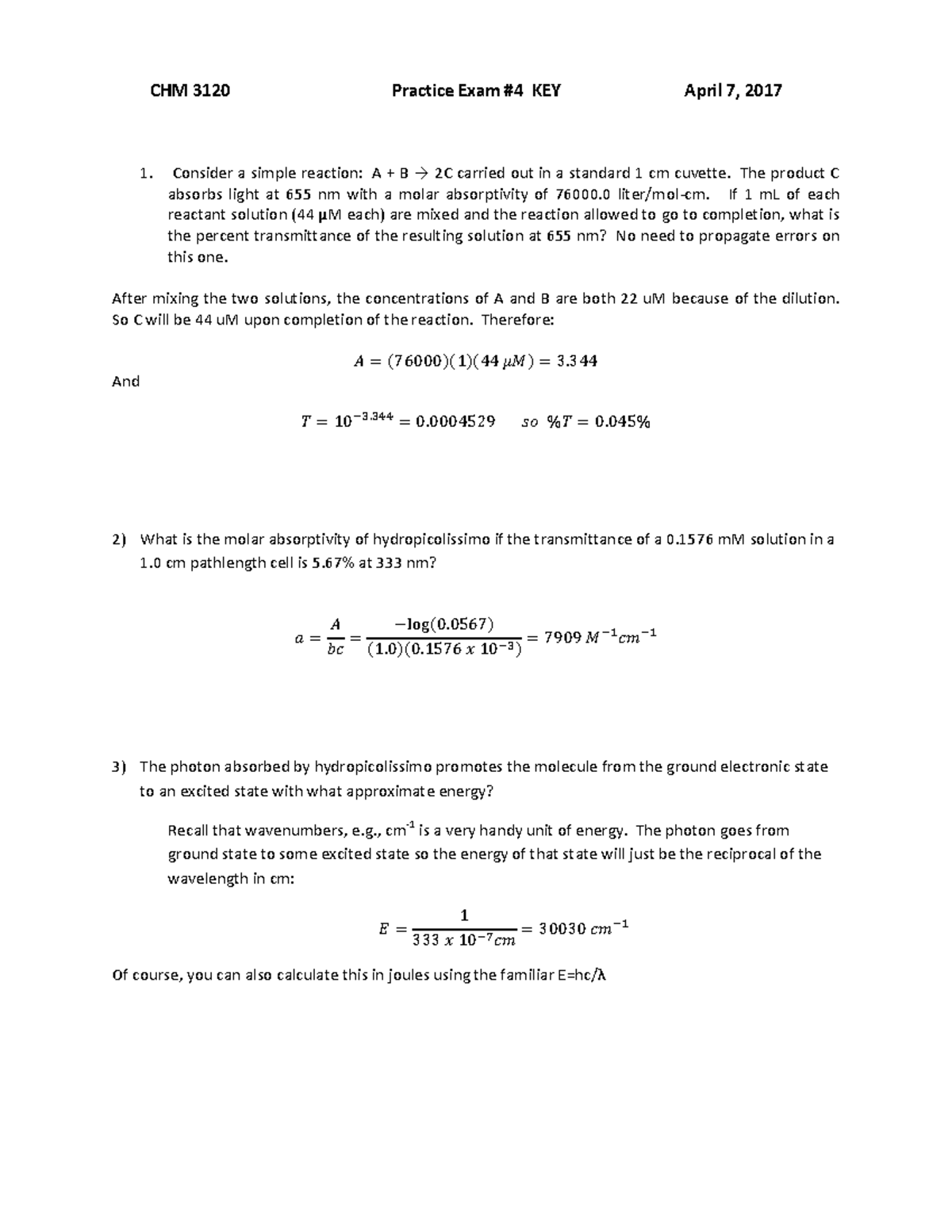 Practice Exam #4 KEY - CHM 3120 Practice Exam #4 KEY April 7, 2017 ...