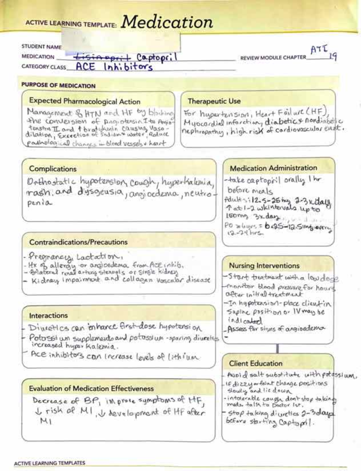 Captopril drug card - NURS B261 - Studocu