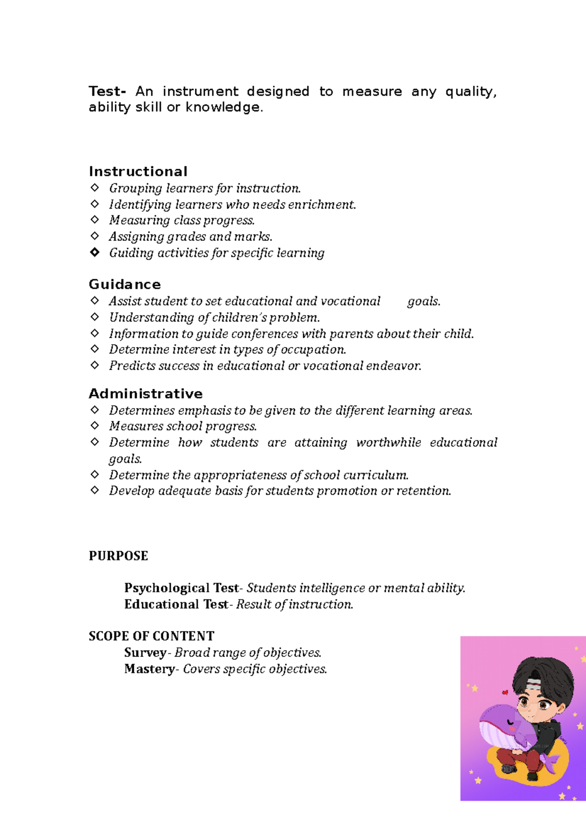 EDUC 107 Reviewer - Test- An instrument designed to measure any quality ...