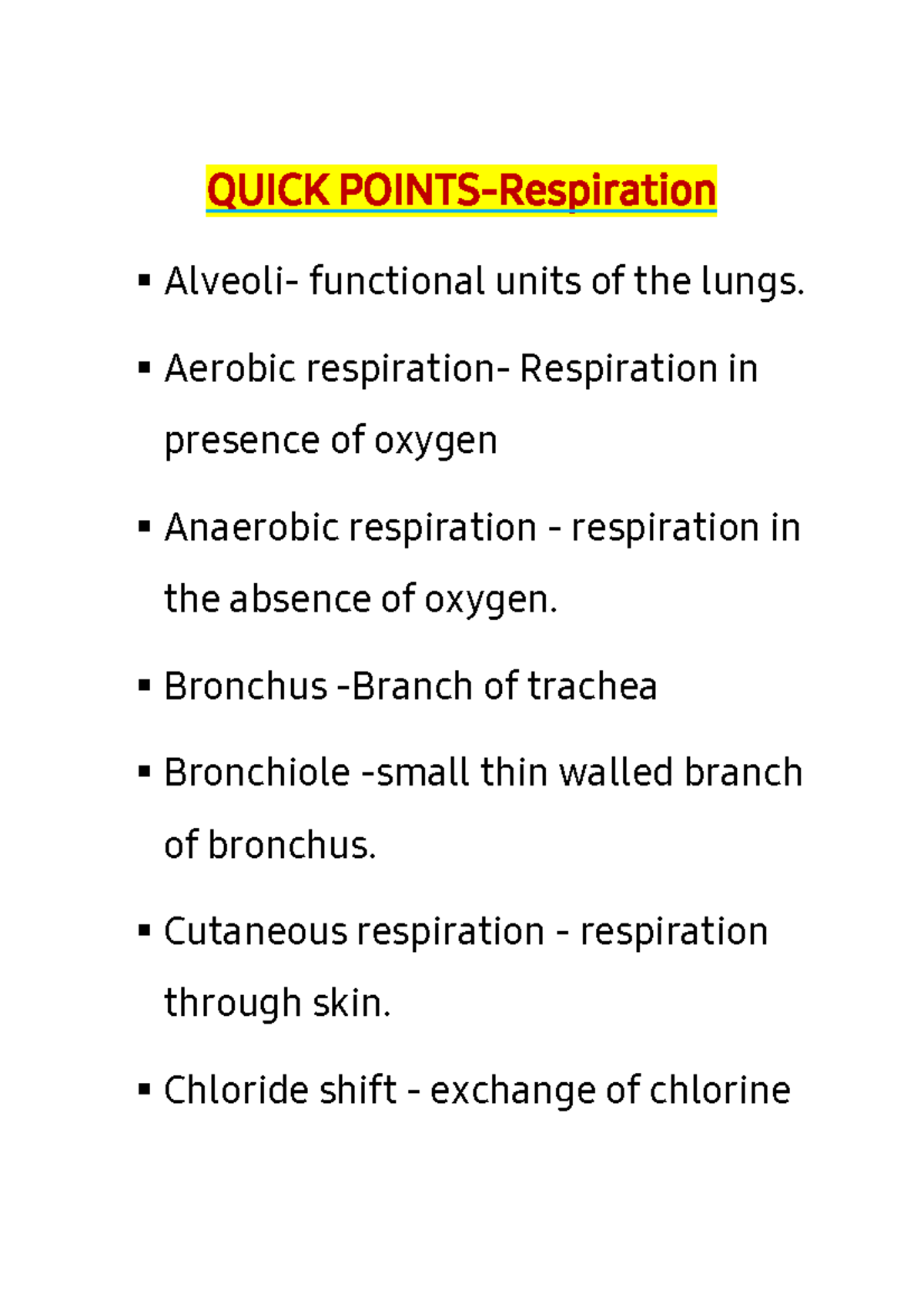 Quick Points-Respiration - QUICK POINTS-Respiration Alveoli- functional ...