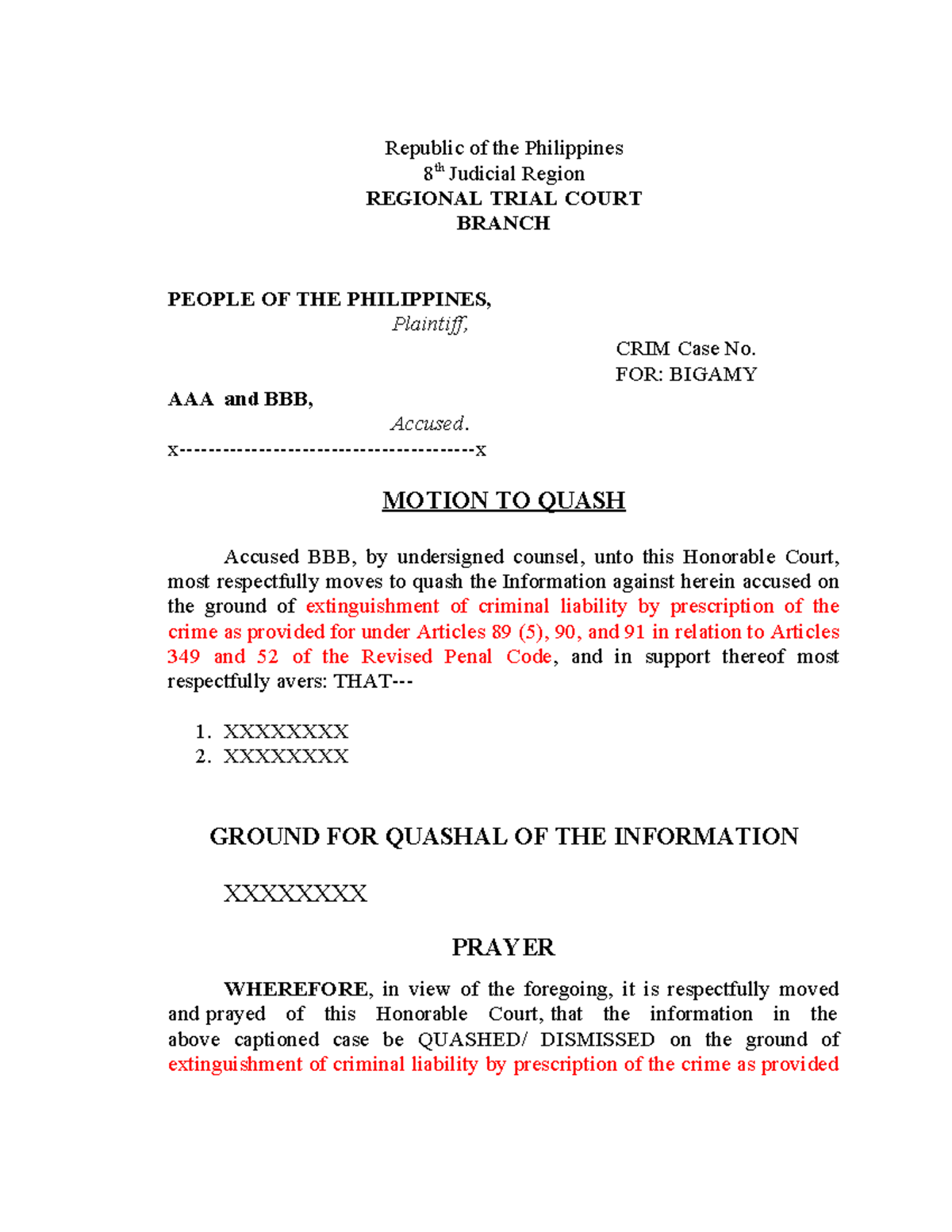 Motion to Quash - Republic of the Philippines 8 th Judicial Region ...