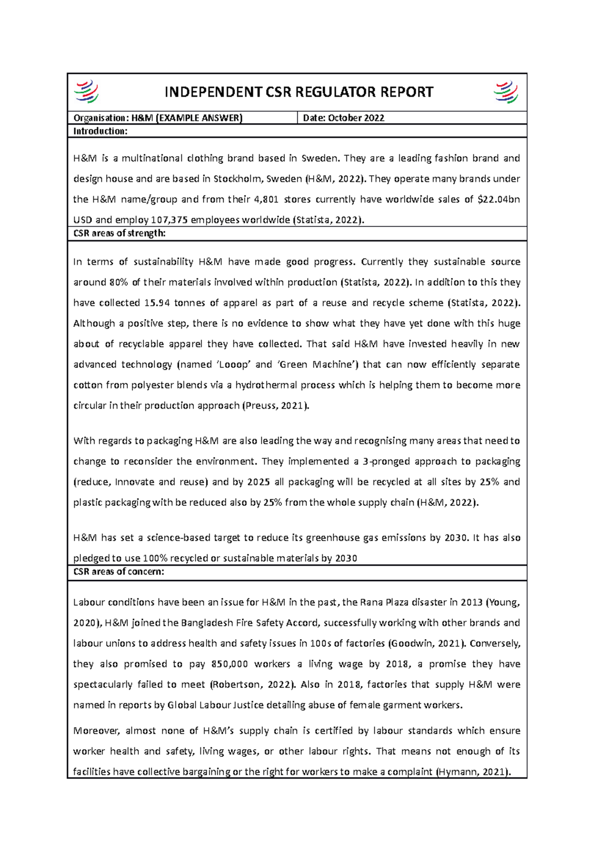 CSR Regulator Report Sample Answer copy INDEPENDENT CSR REGULATOR