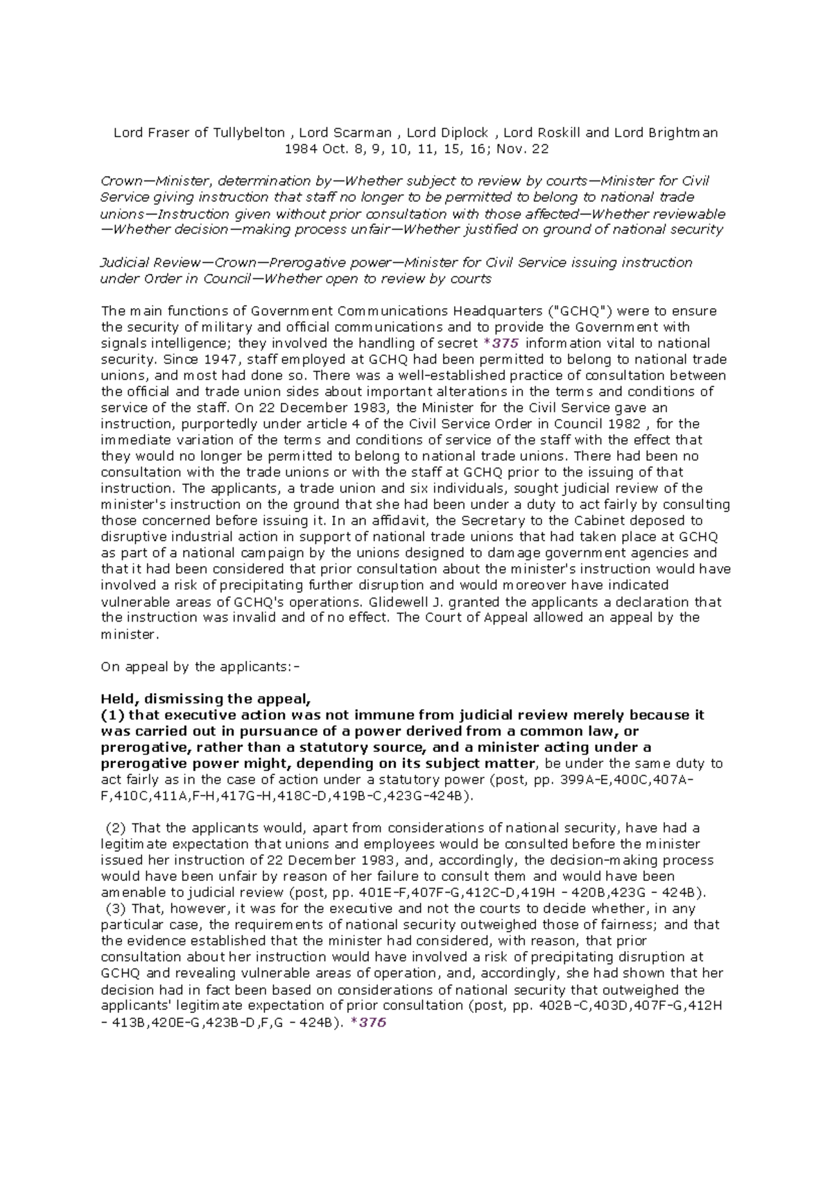 The case of GCHQ in full Lord Fraser of Tullybelton , Lord Scarman