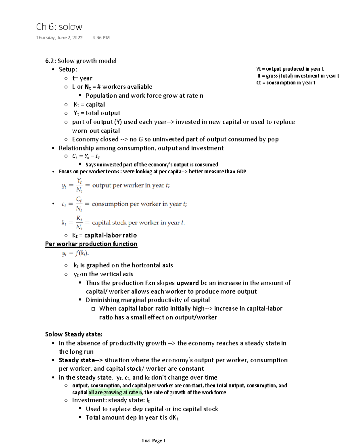 Ch 6 Solow - 6: Solow Growth Model Setup: T= Year L Or Nt= # Workers ...