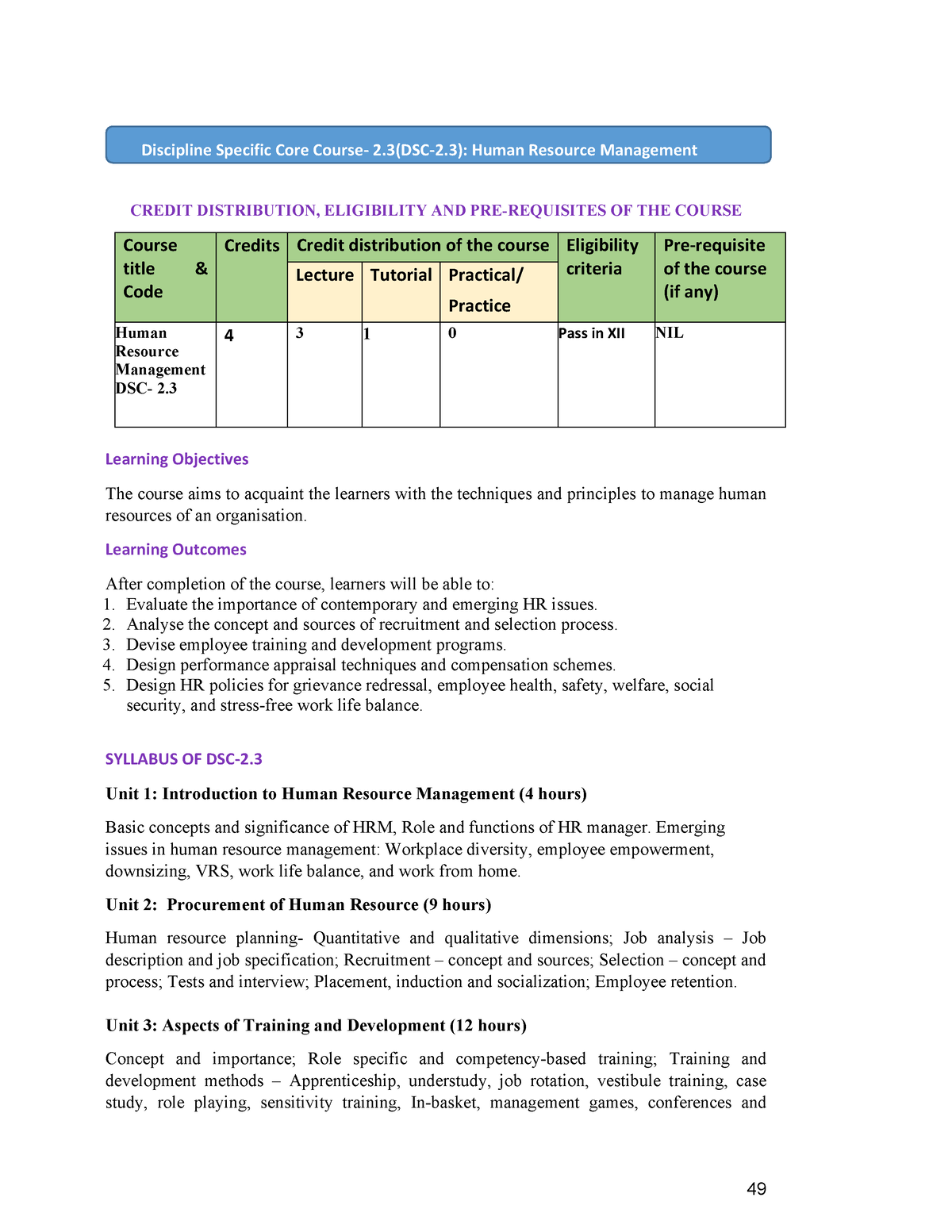 Human Resource Management Syllabus Sem 2 - CREDIT DISTRIBUTION ...