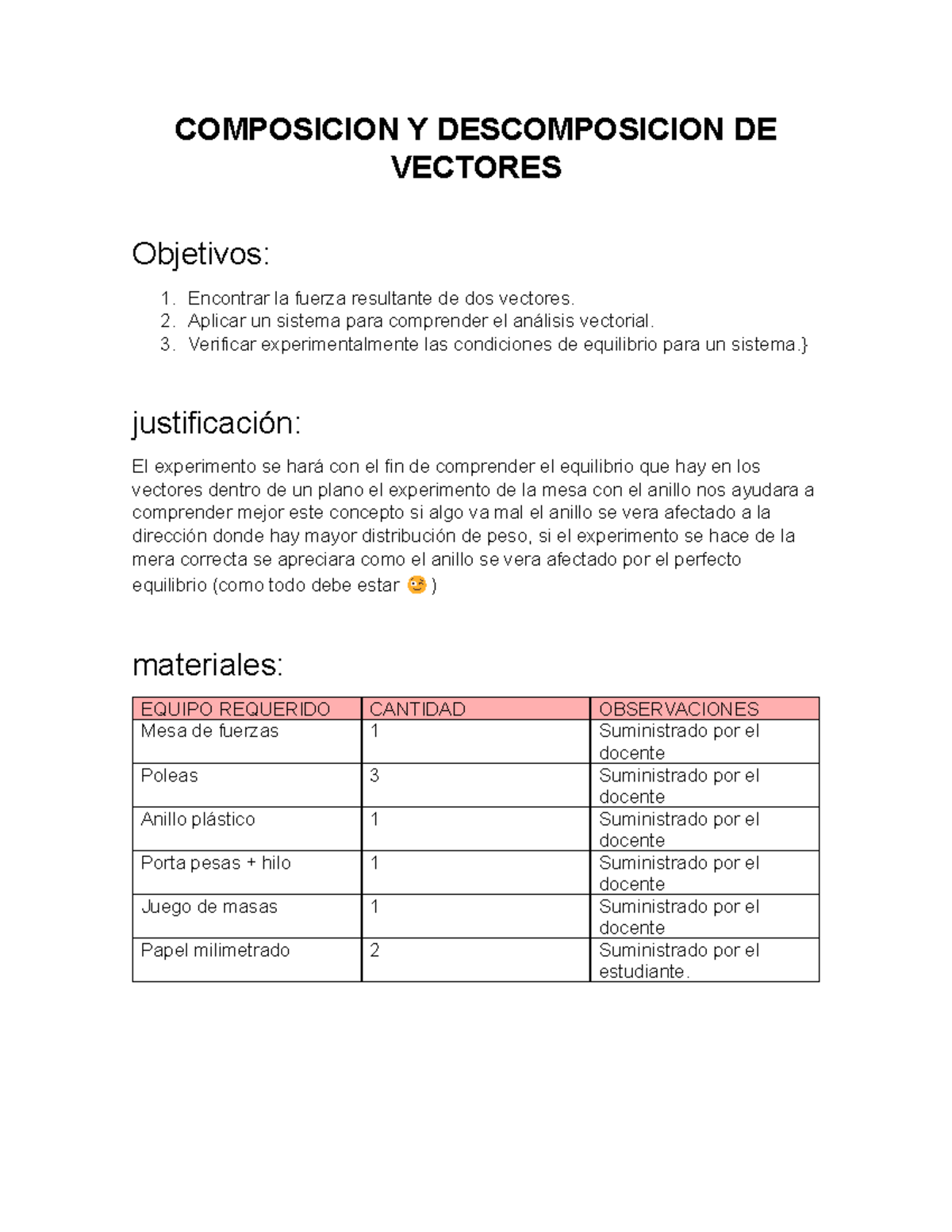 Pre Informe Composicion Y Descomposicion De Vectores Composicion Y