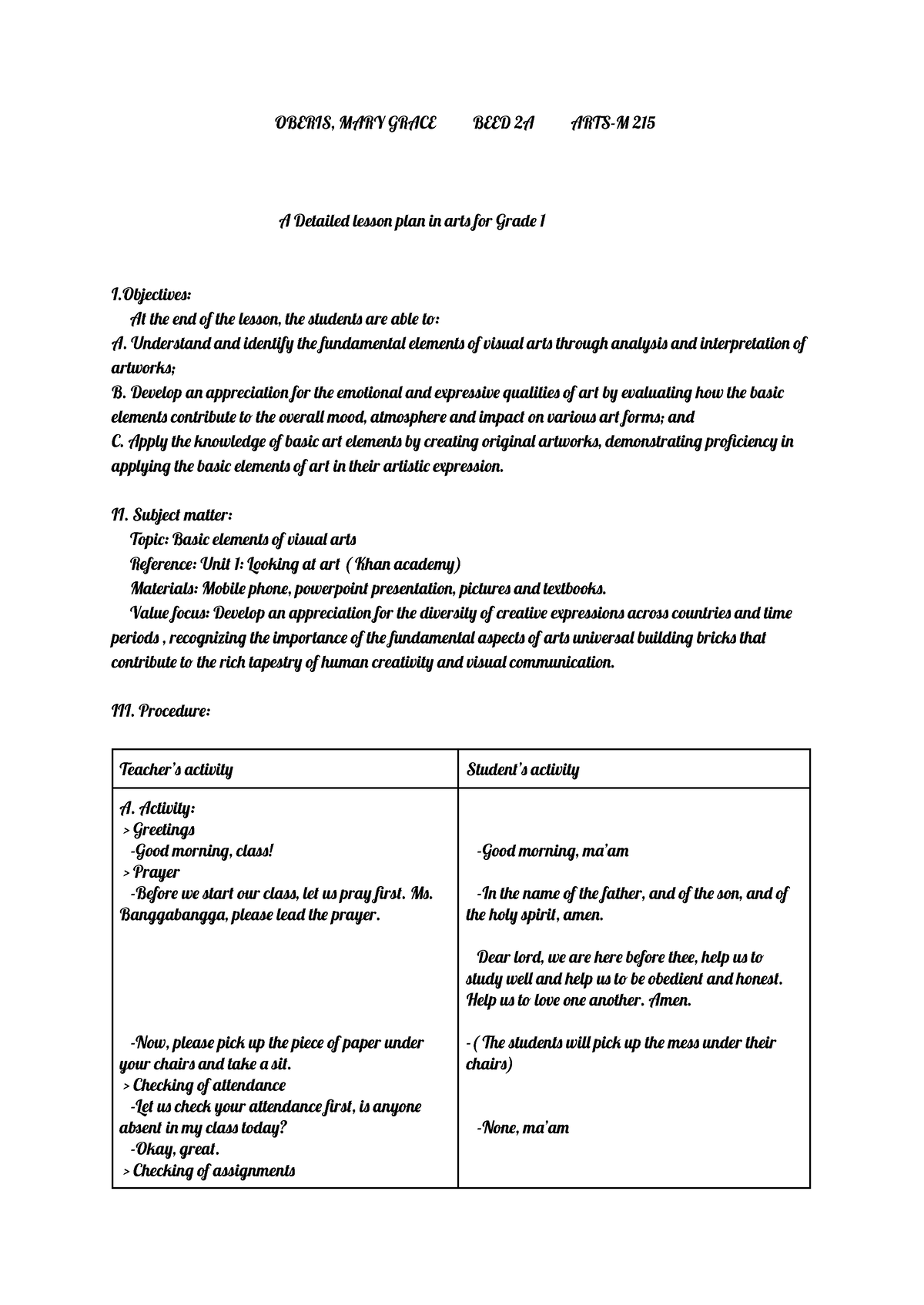 Lesson plan for demonstration - OBERIS, MARY GRACE BEED 2A ARTS-M 215 A ...