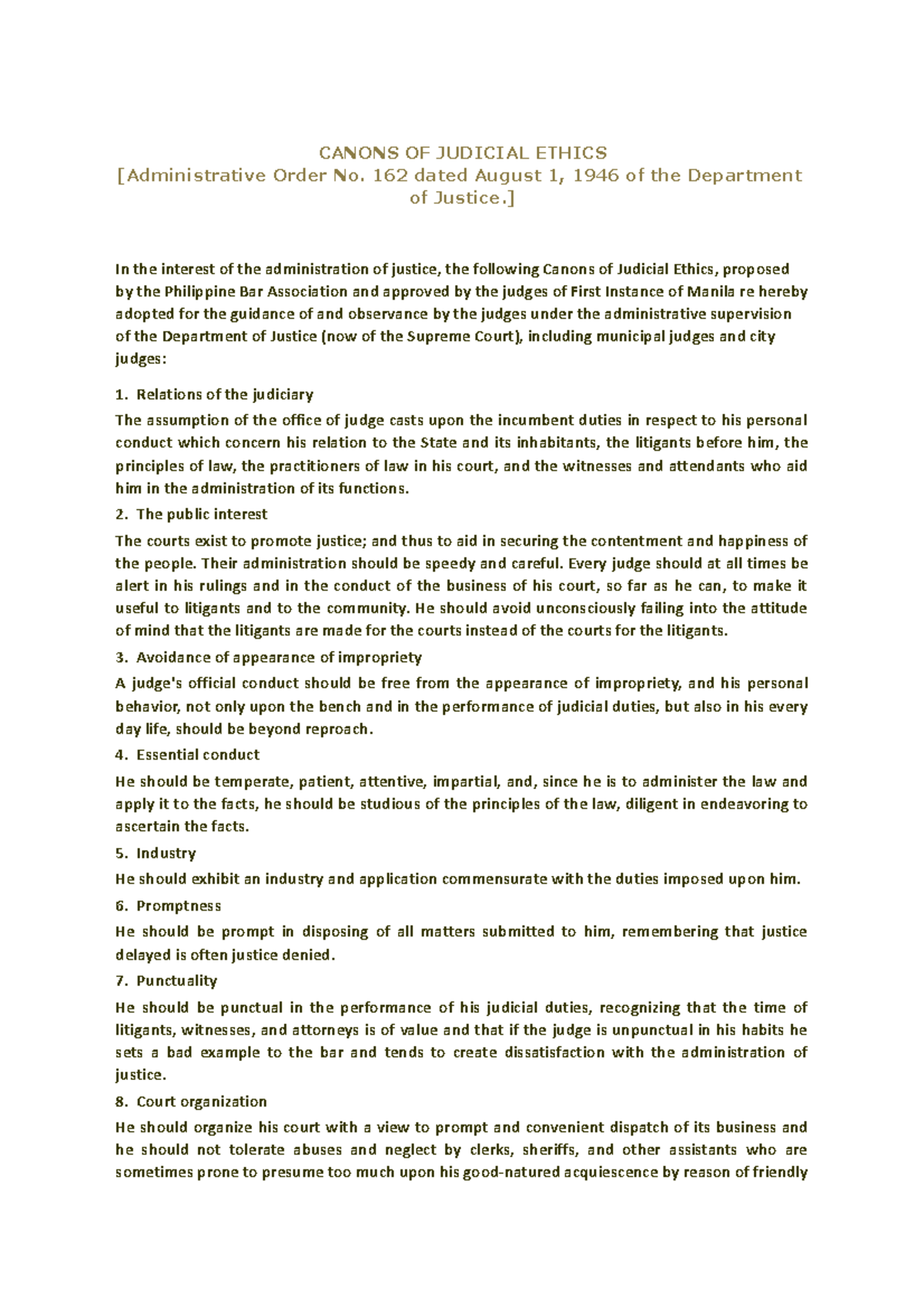 Legal Ethics Notes CANONS OF JUDICIAL ETHICS [Administrative Order No