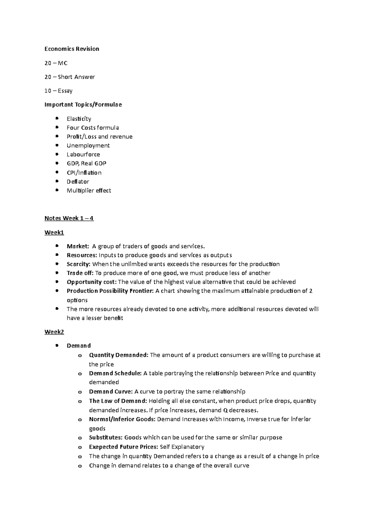 Eco - notes - Economics Revision 20 – MC 20 – Short Answer 10 – Essay ...