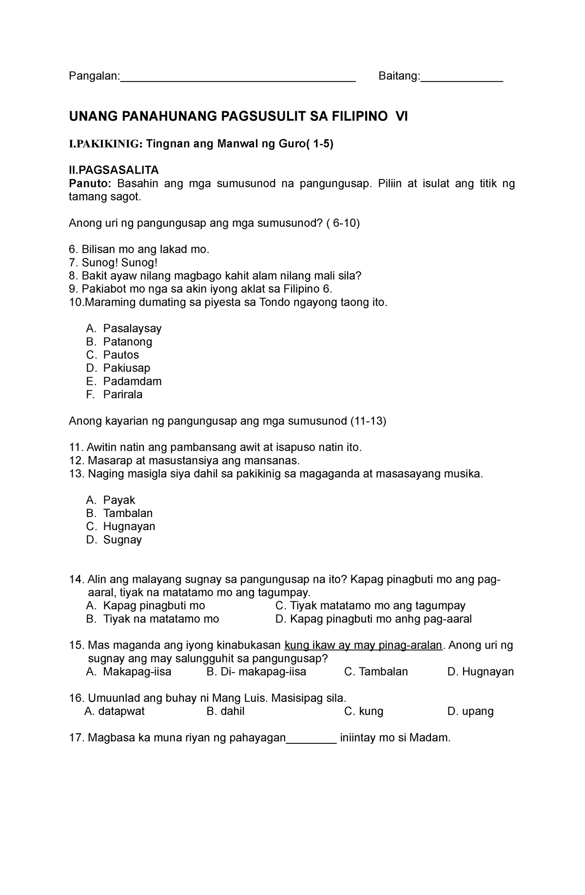 239927477 1st Periodical Test Filipino 6 - Pangalan