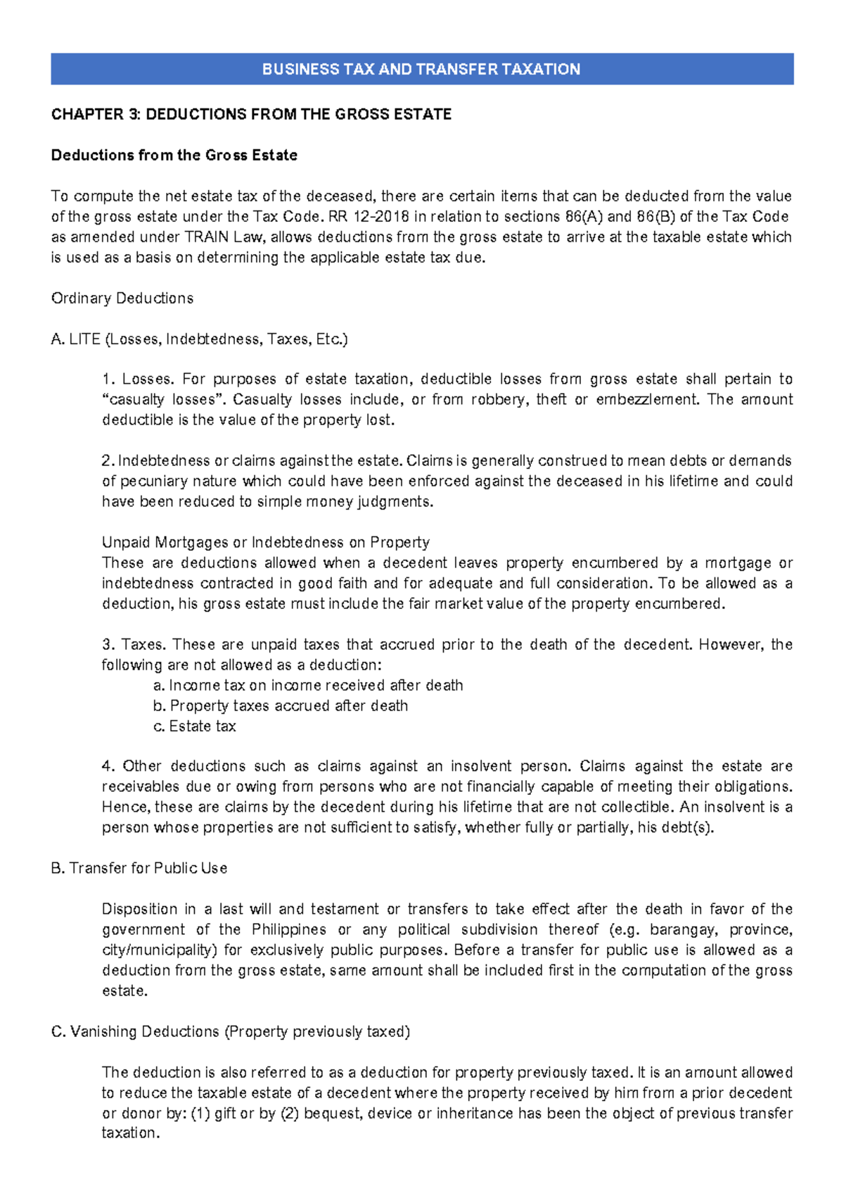 Chapter 3 Deductions from Gross Estate BUSINESS TAX AND TRANSFER TAXATION CHAPTER 3