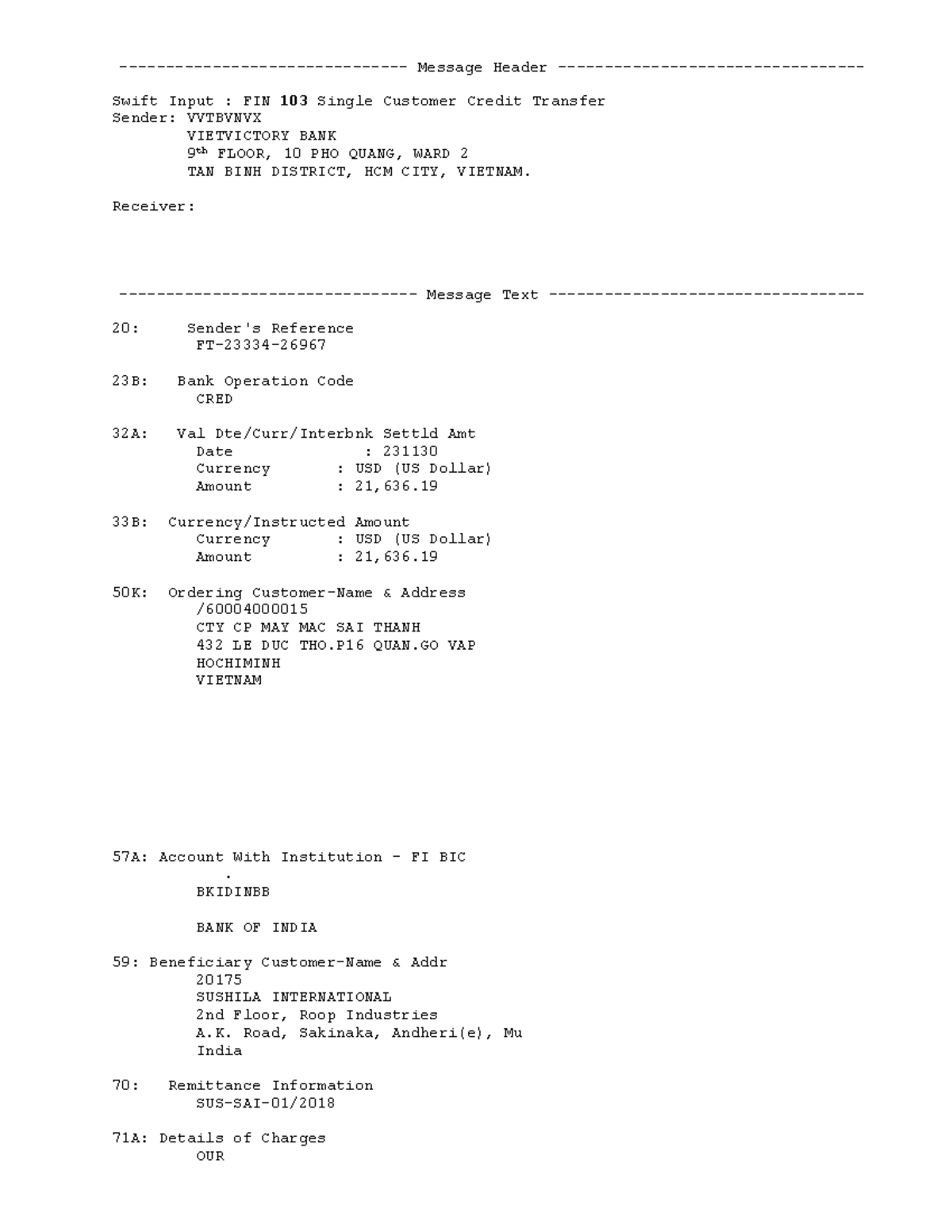 Overseas Transfer MT 103 20231130224654 - Message Header - Swift Input ...