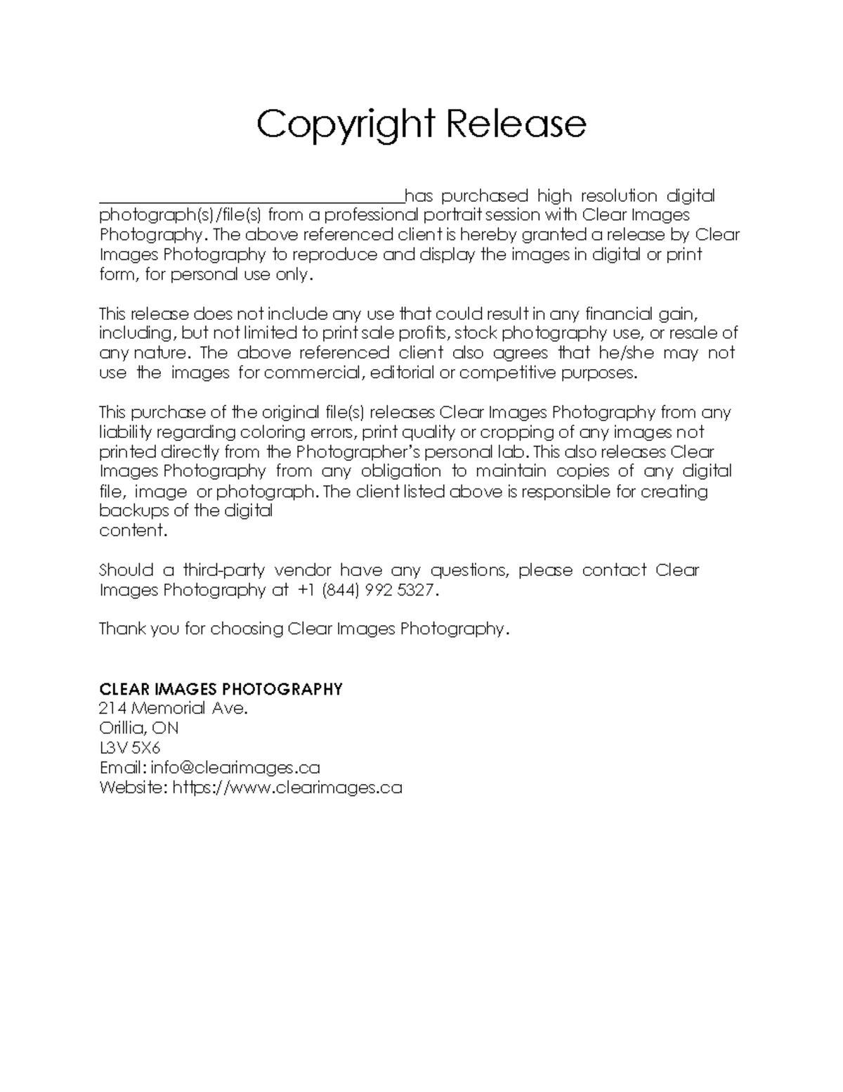 Clear Images - Copyright Release - Copyright Release