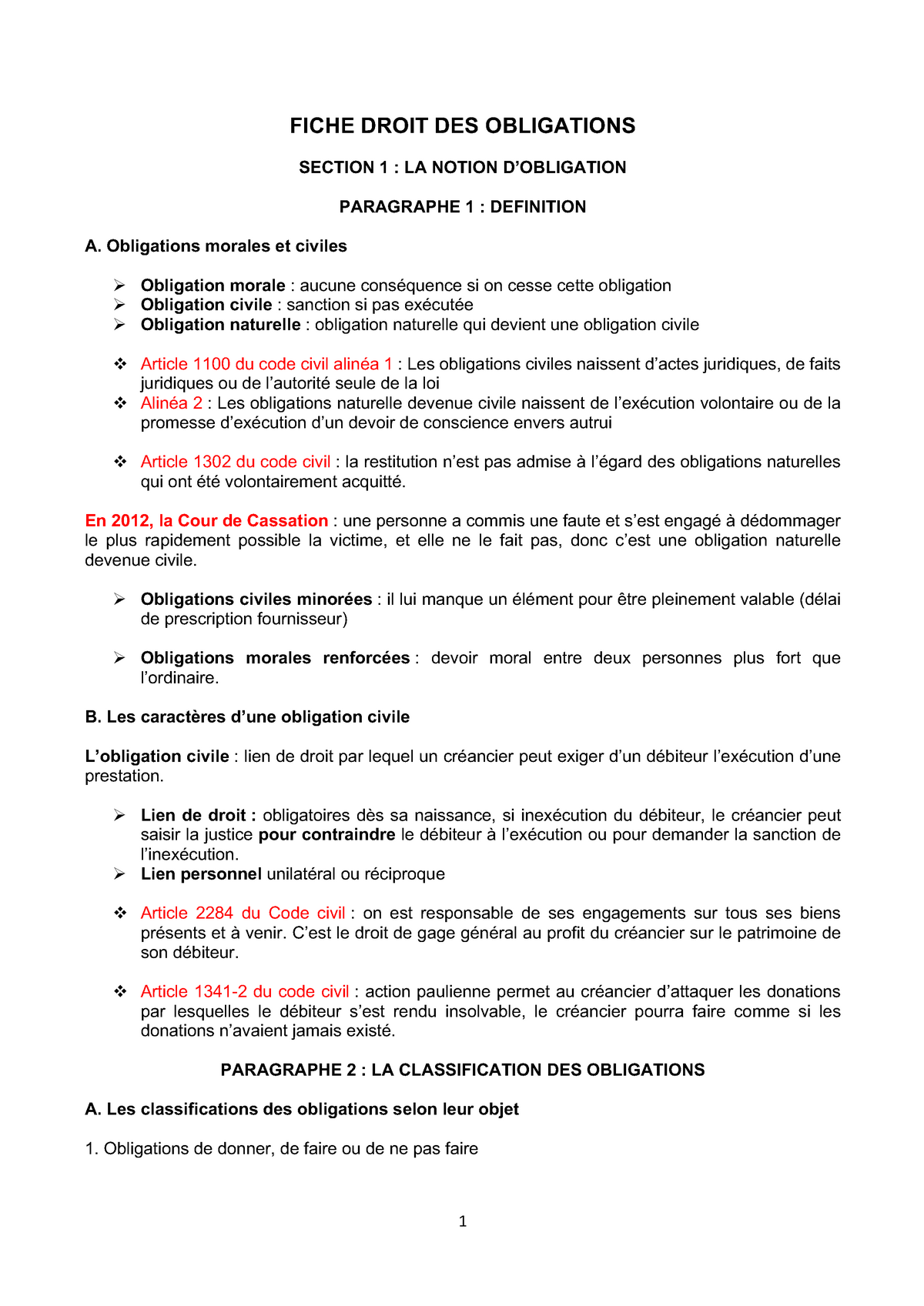 Fiche Droit DES Obligations - FICHE DROIT DES OBLIGATIONS SECTION 1 ...