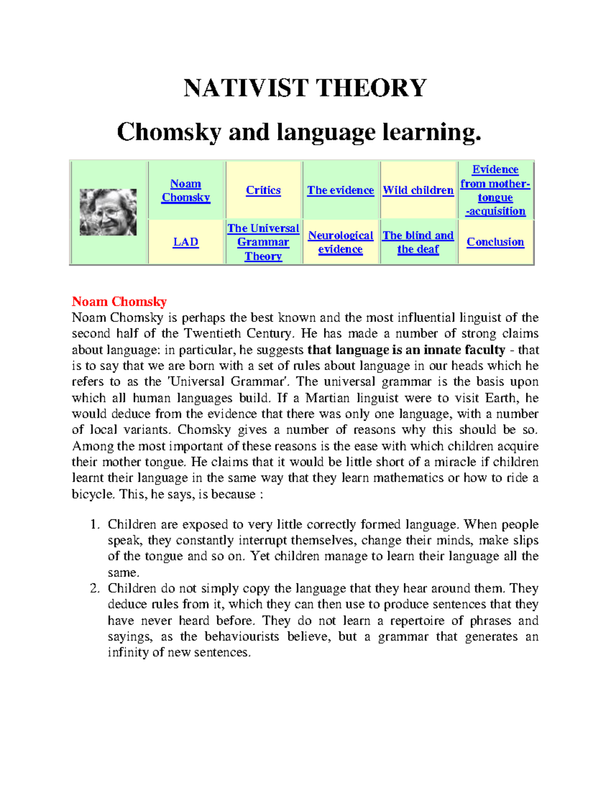 Theory of the nativism - NATIVIST THEORY Chomsky and language learning ...