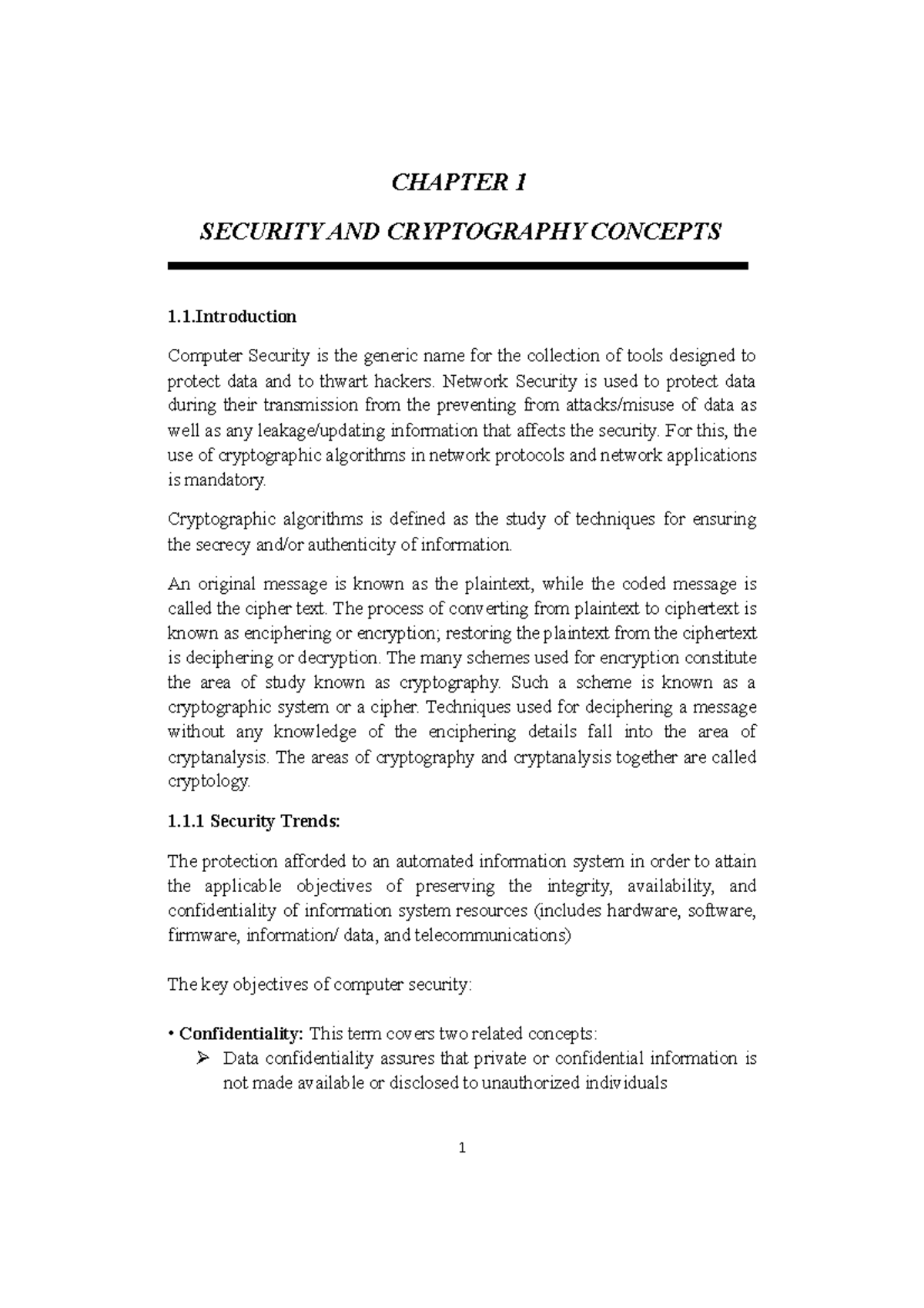 CNS- U1 - CHAPTER 1 SECURITY AND CRYPTOGRAPHY CONCEPTS 1.1 Computer ...
