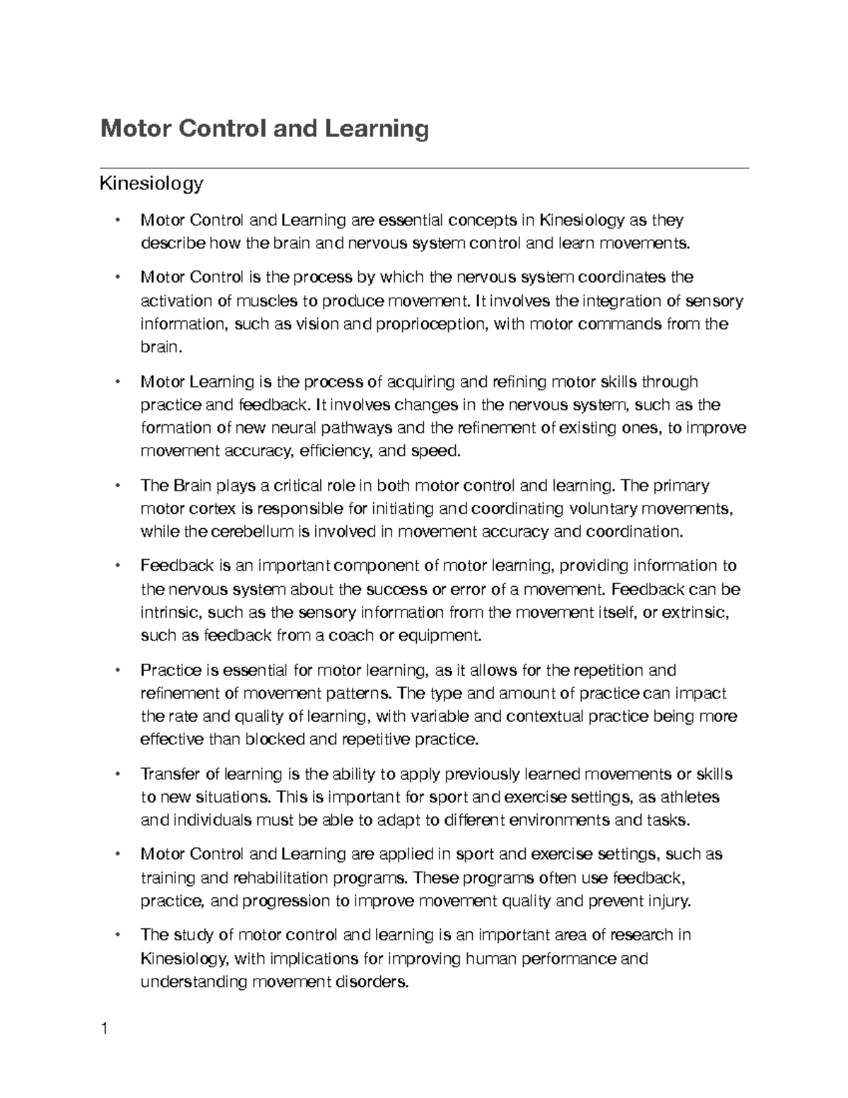 Motor Control And Learning Notes And Vocab - Motor Control And Learning ...