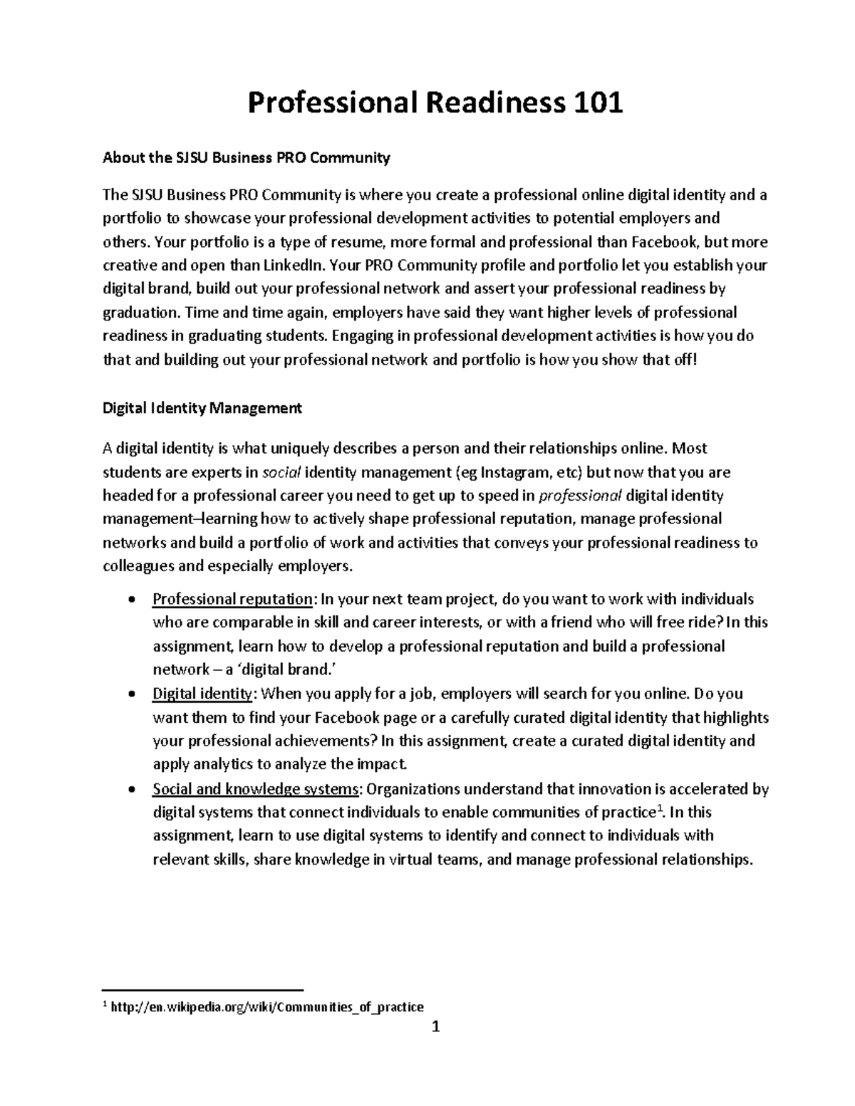 PR101 - Professional Readiness 101 About the SJSU Business PRO ...