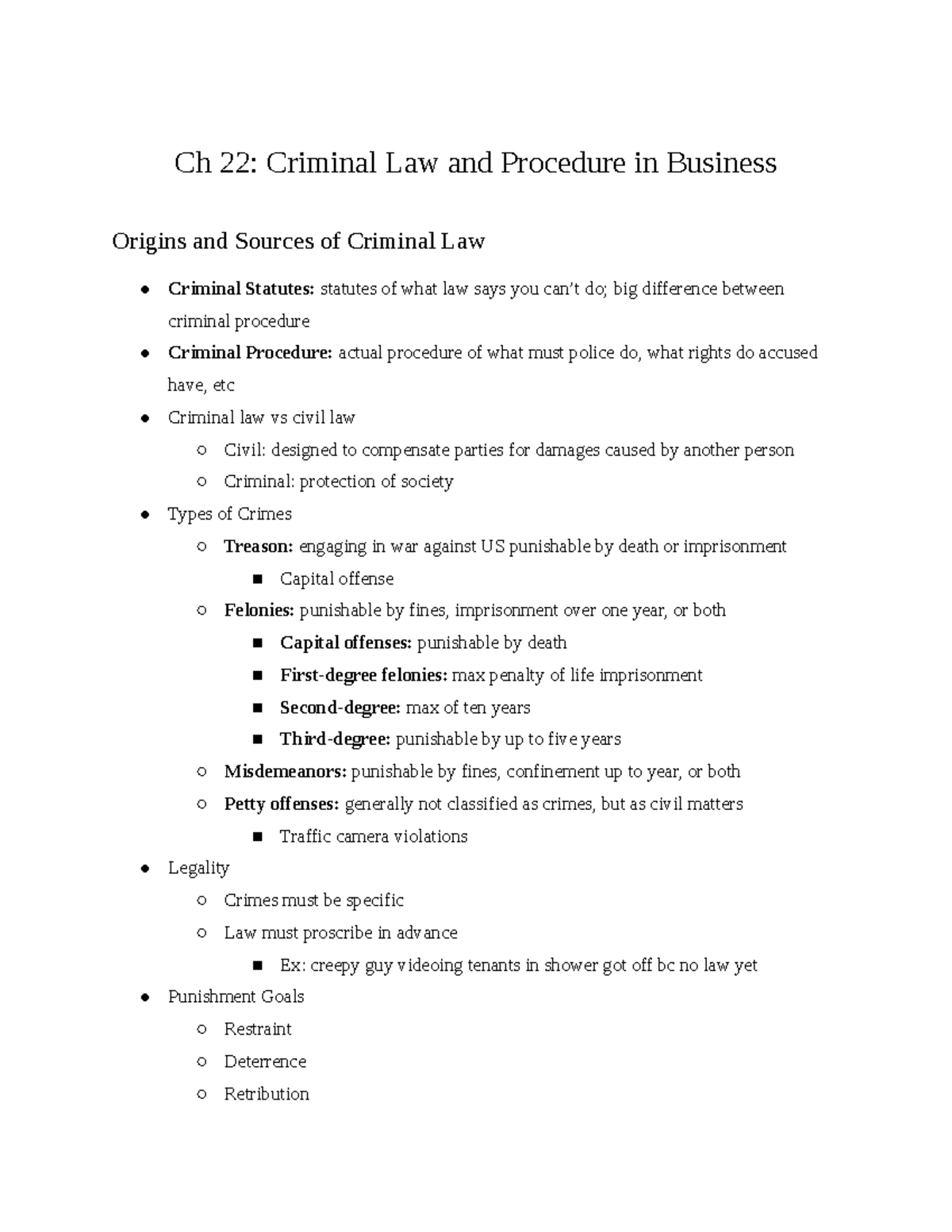 Ch 22 Notes Ch 22 Criminal Law and Procedure in Business Origins and
