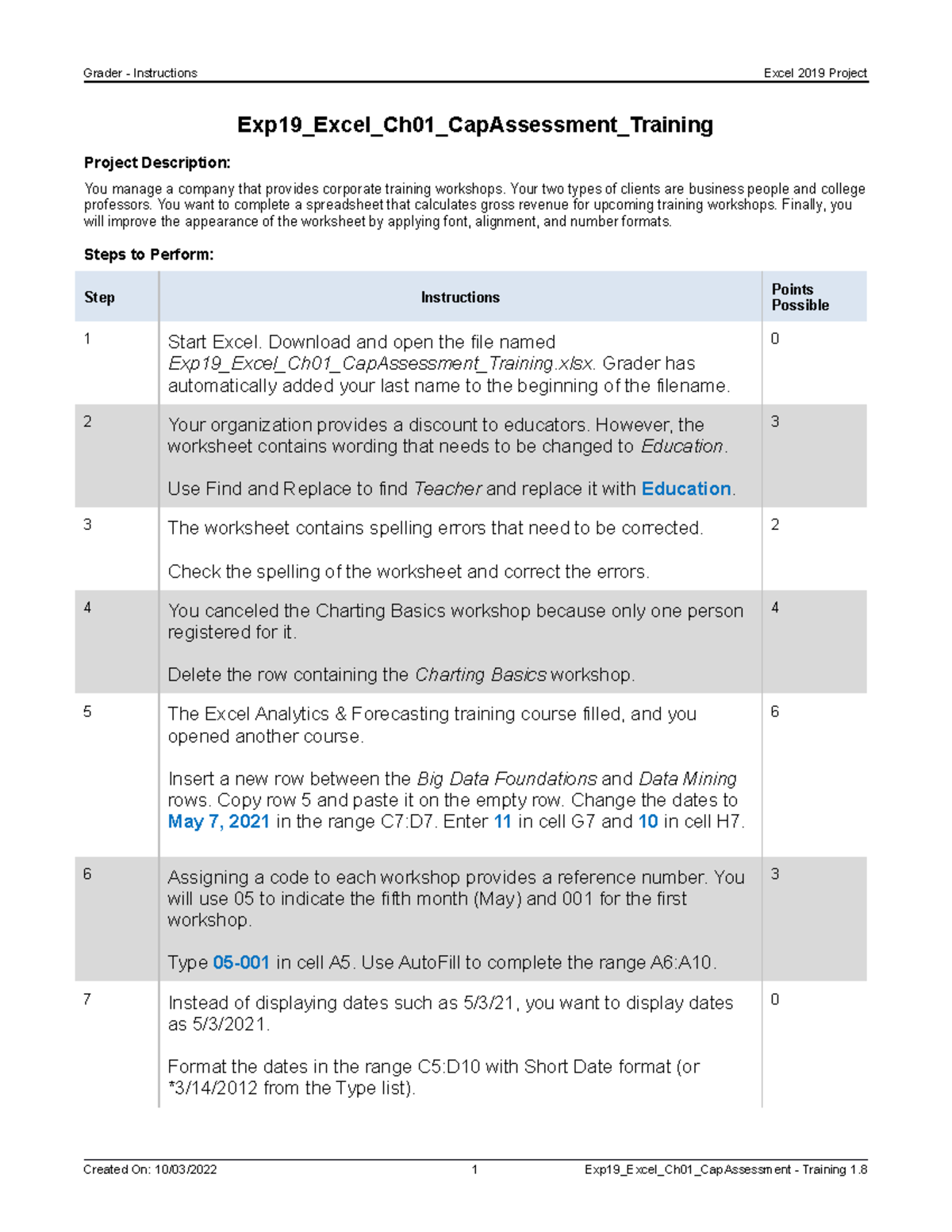 Exp19 Excel Ch01 Cap Assessment Training Instructions - Exp19_Excel ...