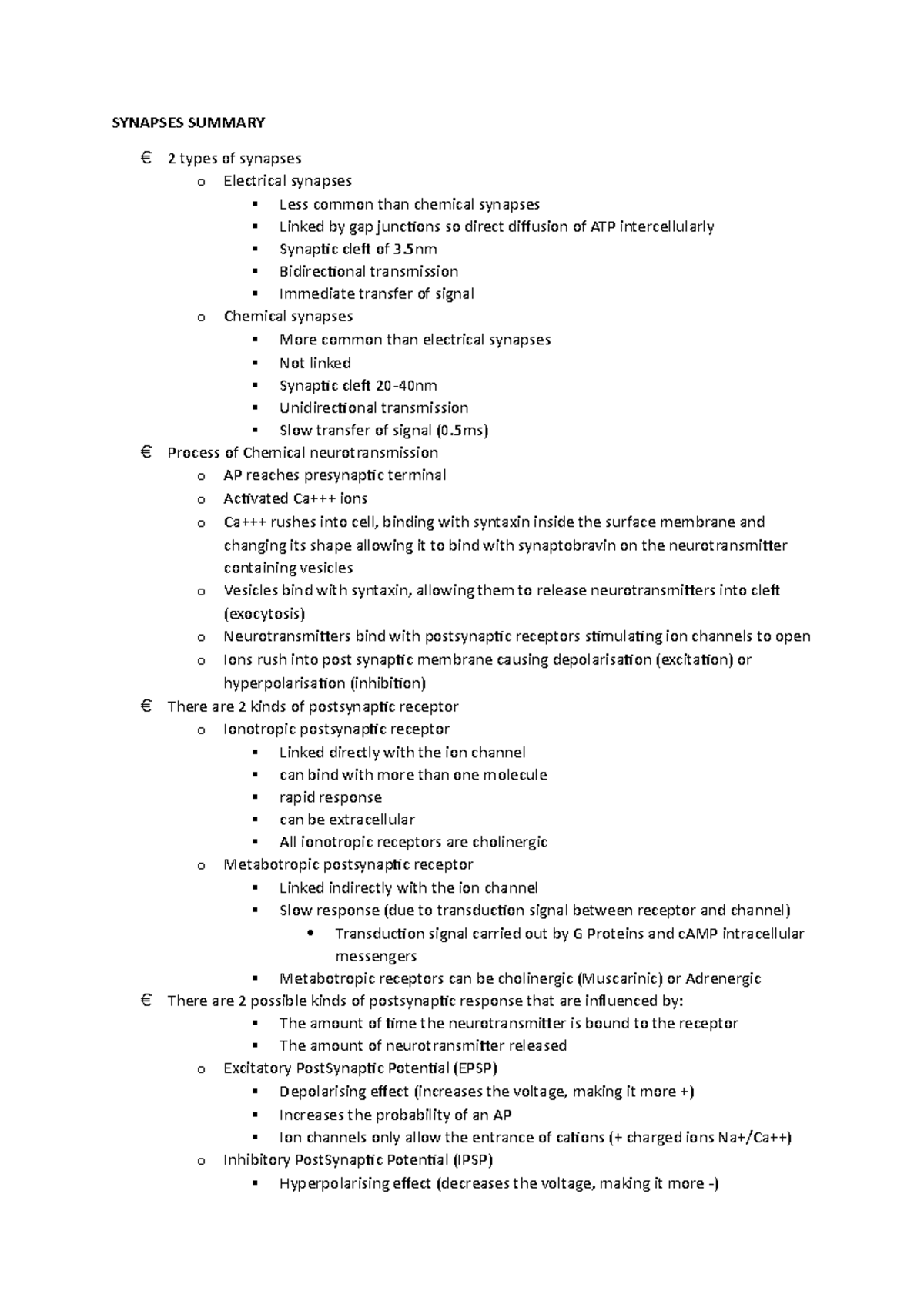 Synapses Summary - sumario de sinapse - SYNAPSES SUMMARY 2 types of ...