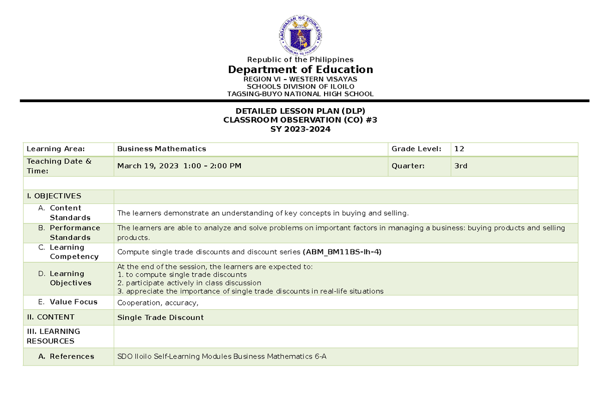 DLP COT 3 3rd Quarter Business Mathematics - Republic of the ...