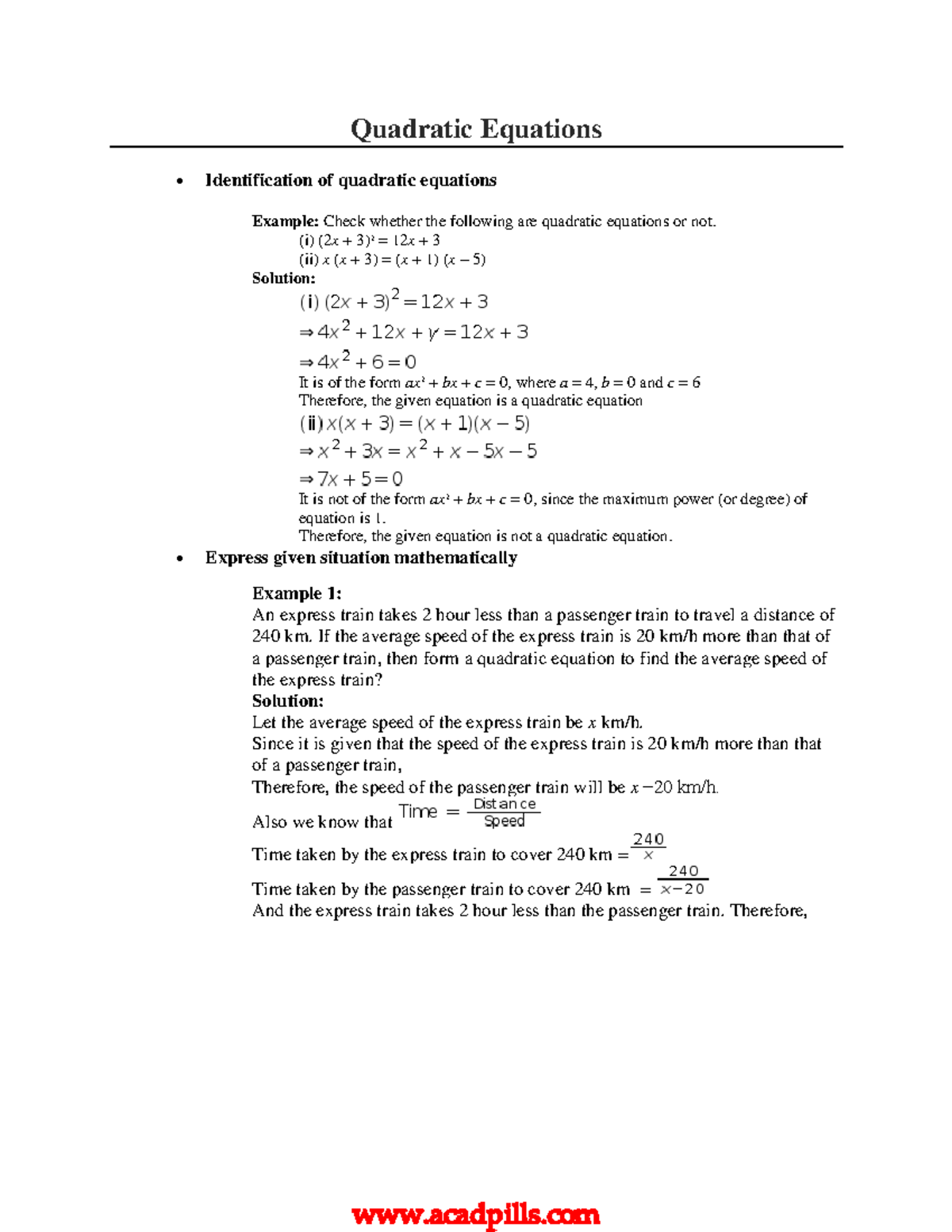 Quadratic Equations Visit Acadpills - Quadratic Equations ...