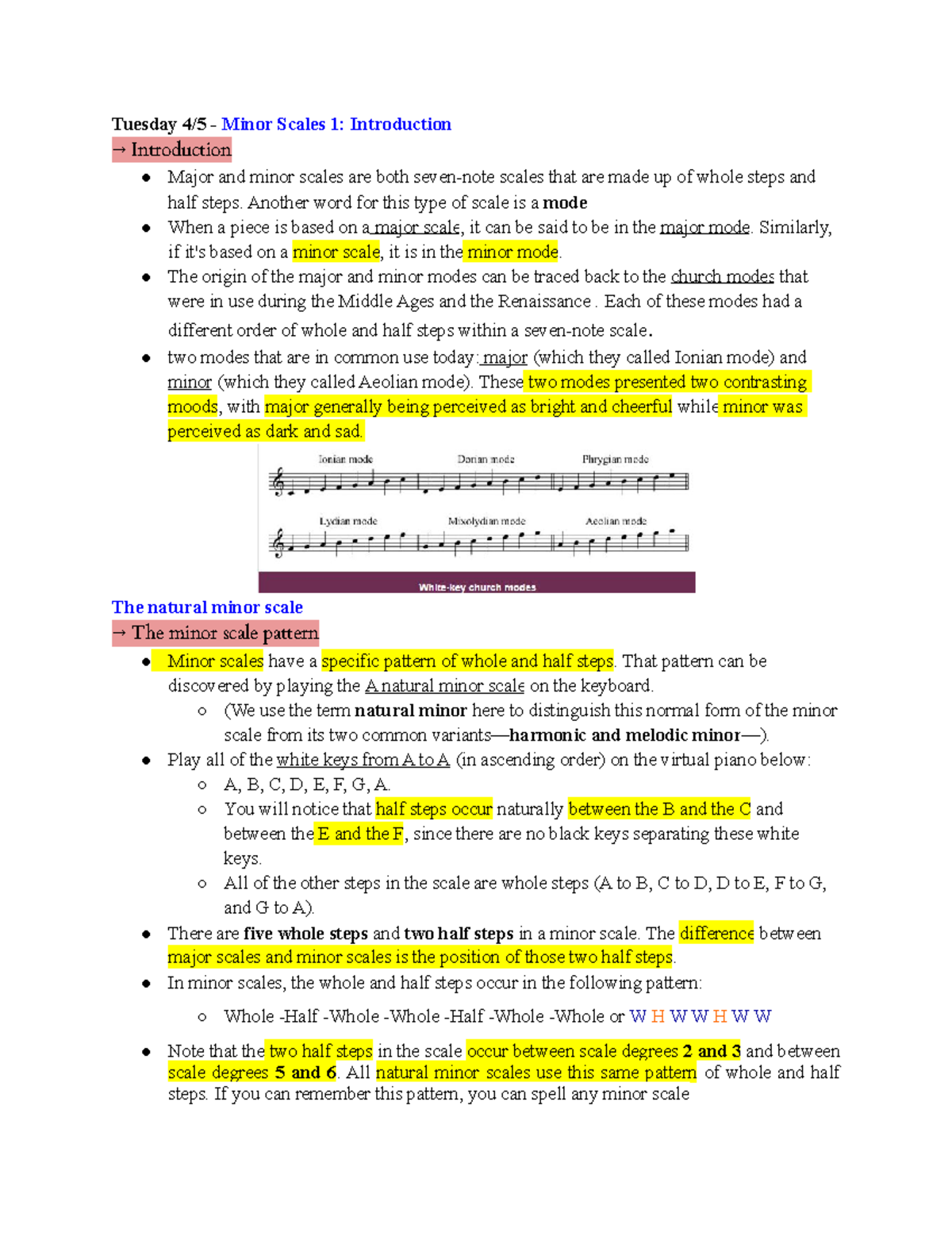 Notes 2 - Minor scales, building minor scales, minor key signatures ...