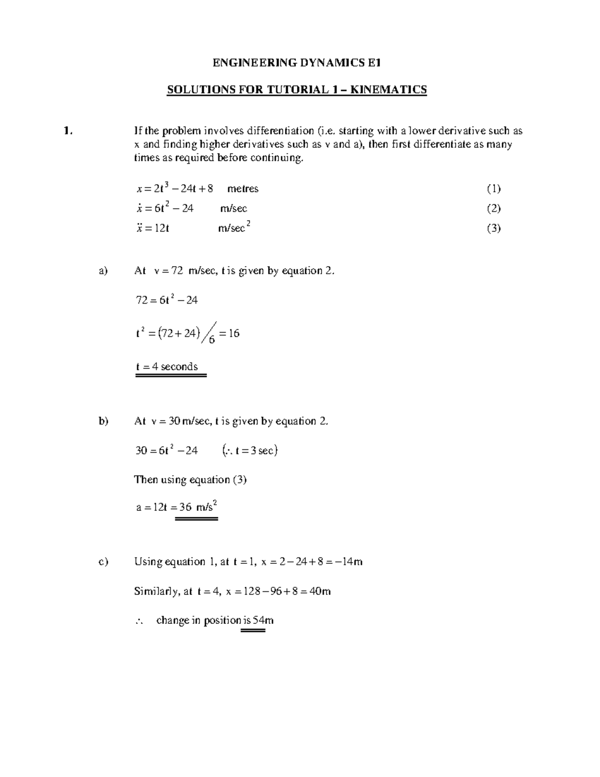 Tutorial 1 - Solutions (Kinematics) updated 2014 - ENGINEERING DYNAMICS ...