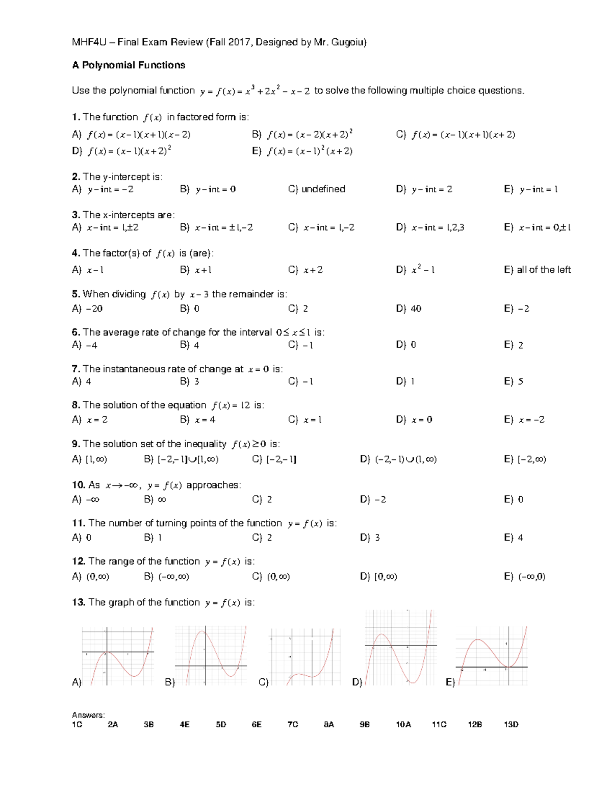 Mhf4u Final Exam Review: Polynomial Rational Trigonometric And 