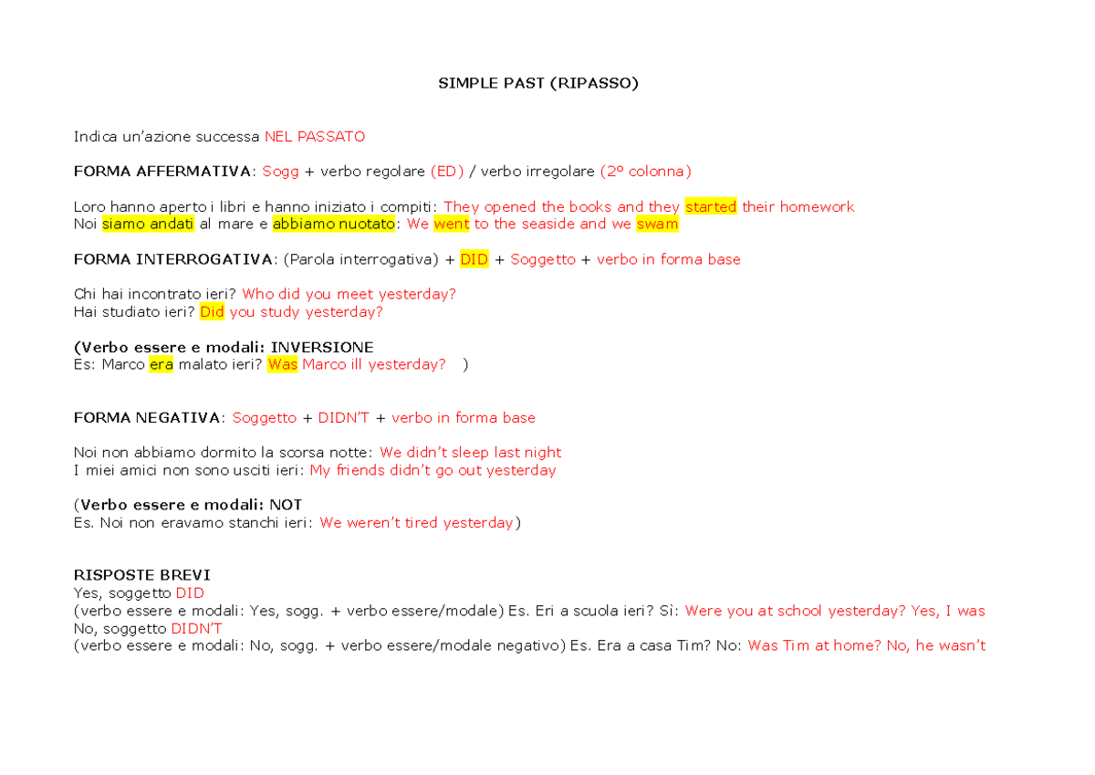 Simple PAST e confronto con PAST Continuous - SIMPLE PAST (RIPASSO ...