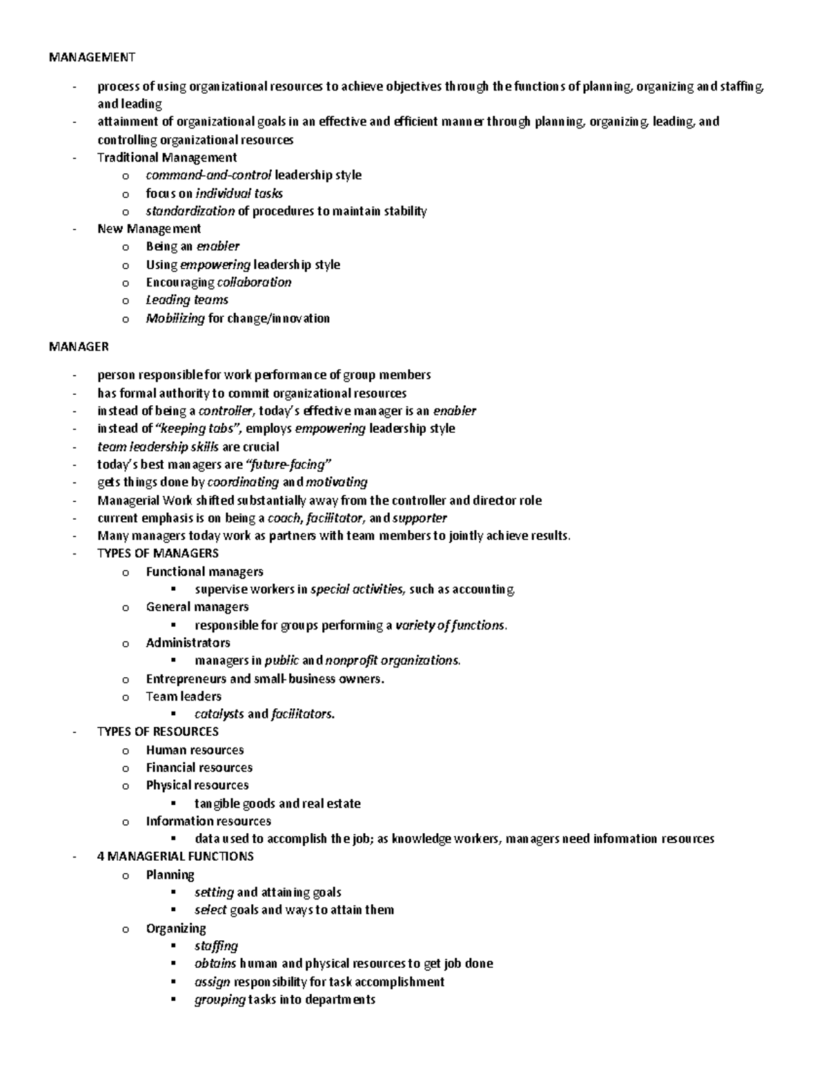 Managers and Managements notes - MANAGEMENT process of using ...