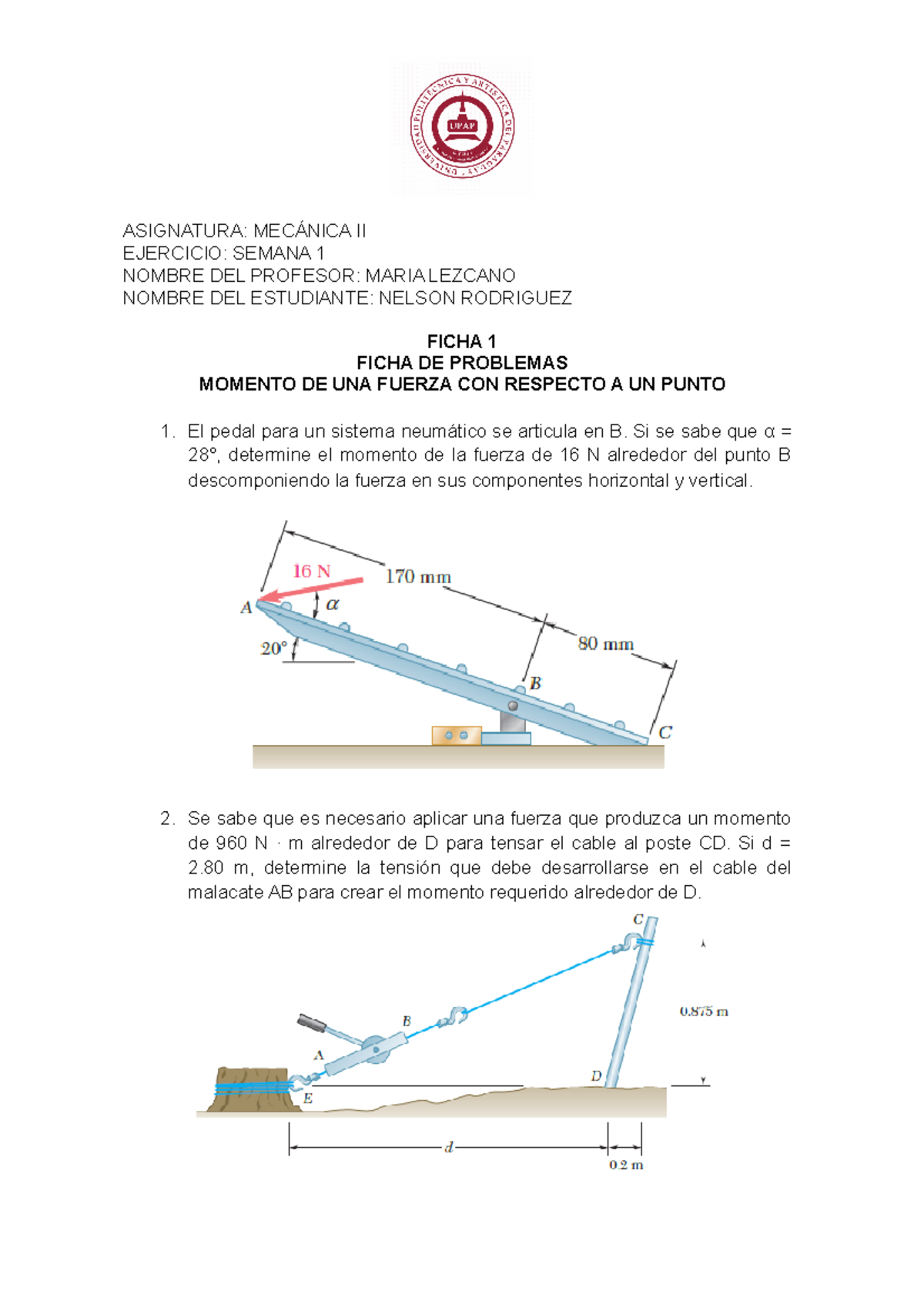 Semana I Ficha Mecánica Ii 2 Asignatura MecÁnica Ii Ejercicio