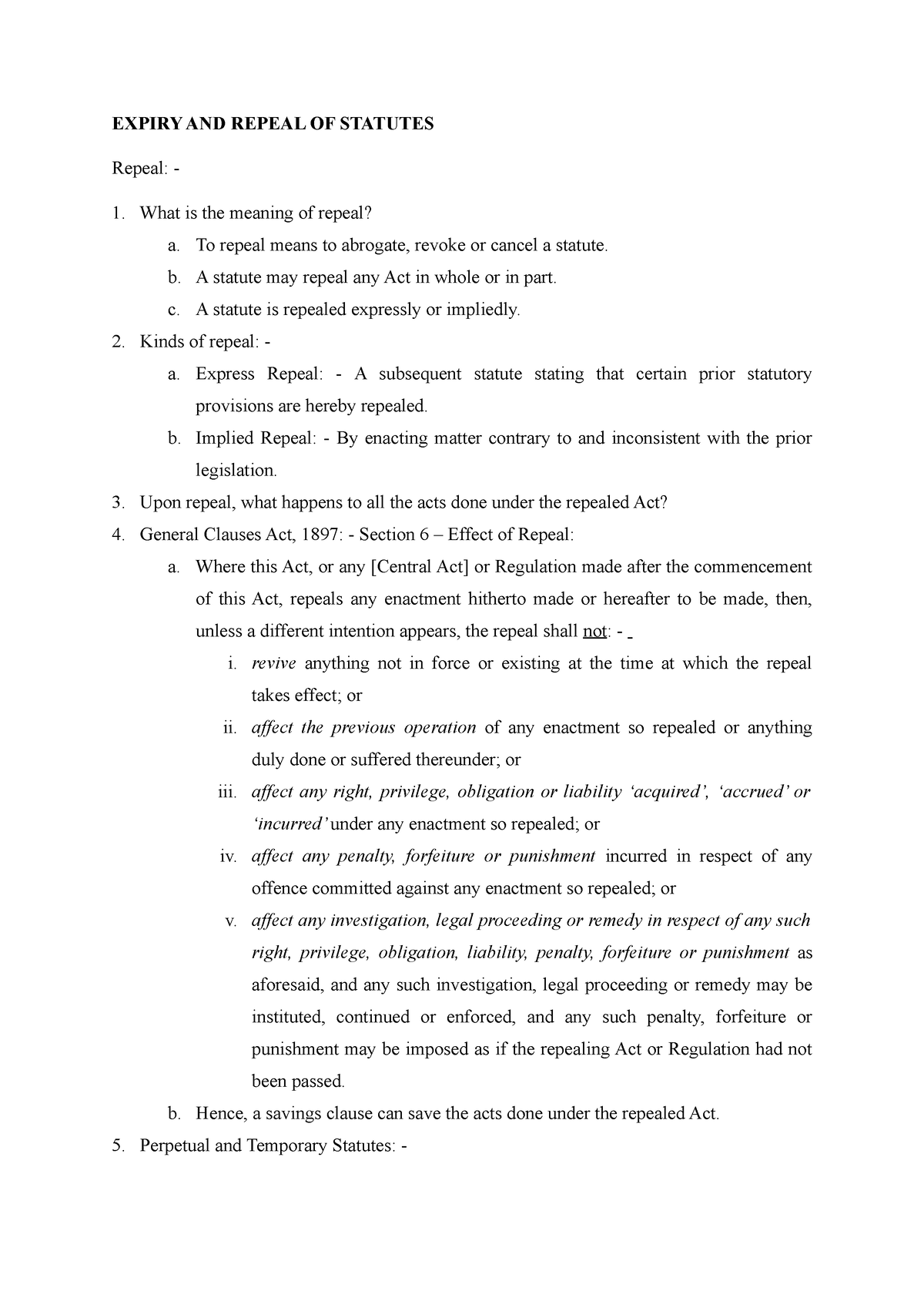 Expiry And Repeal - Class Notes - EXPIRY AND REPEAL OF STATUTES Repeal ...