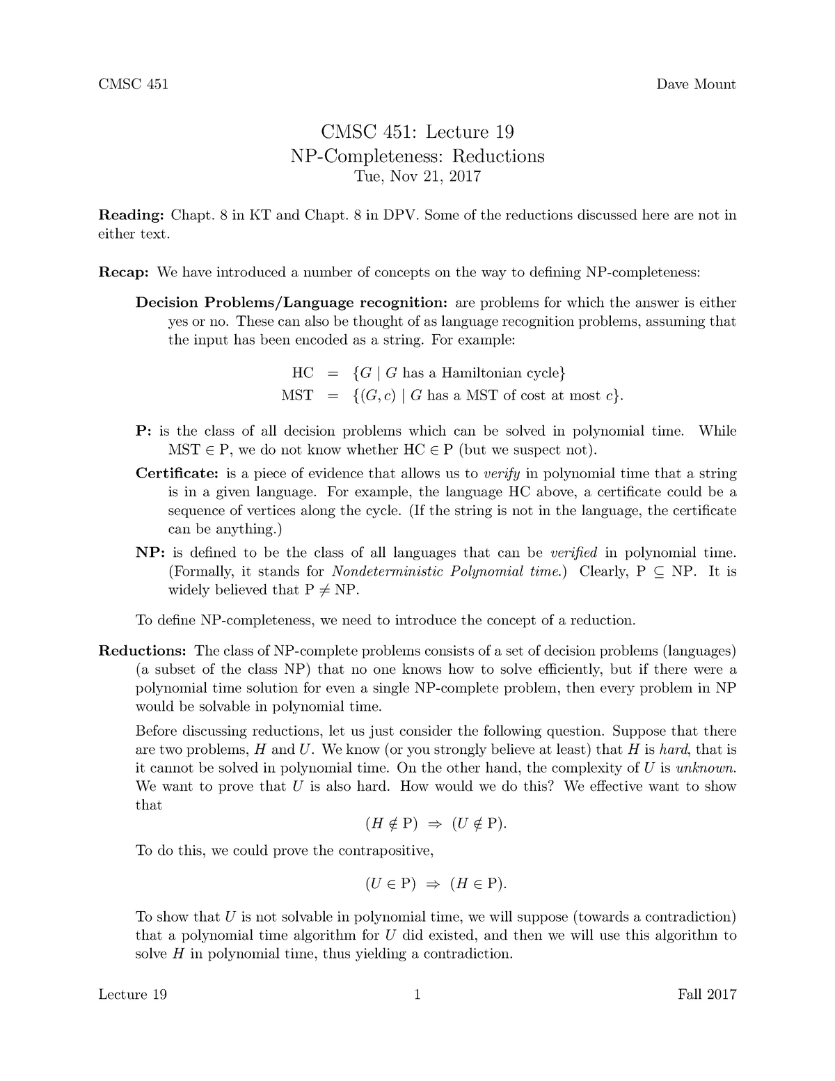 Lect19-np-reduc - Np Reduction Technique - CMSC 451: Lecture 19 NP ...