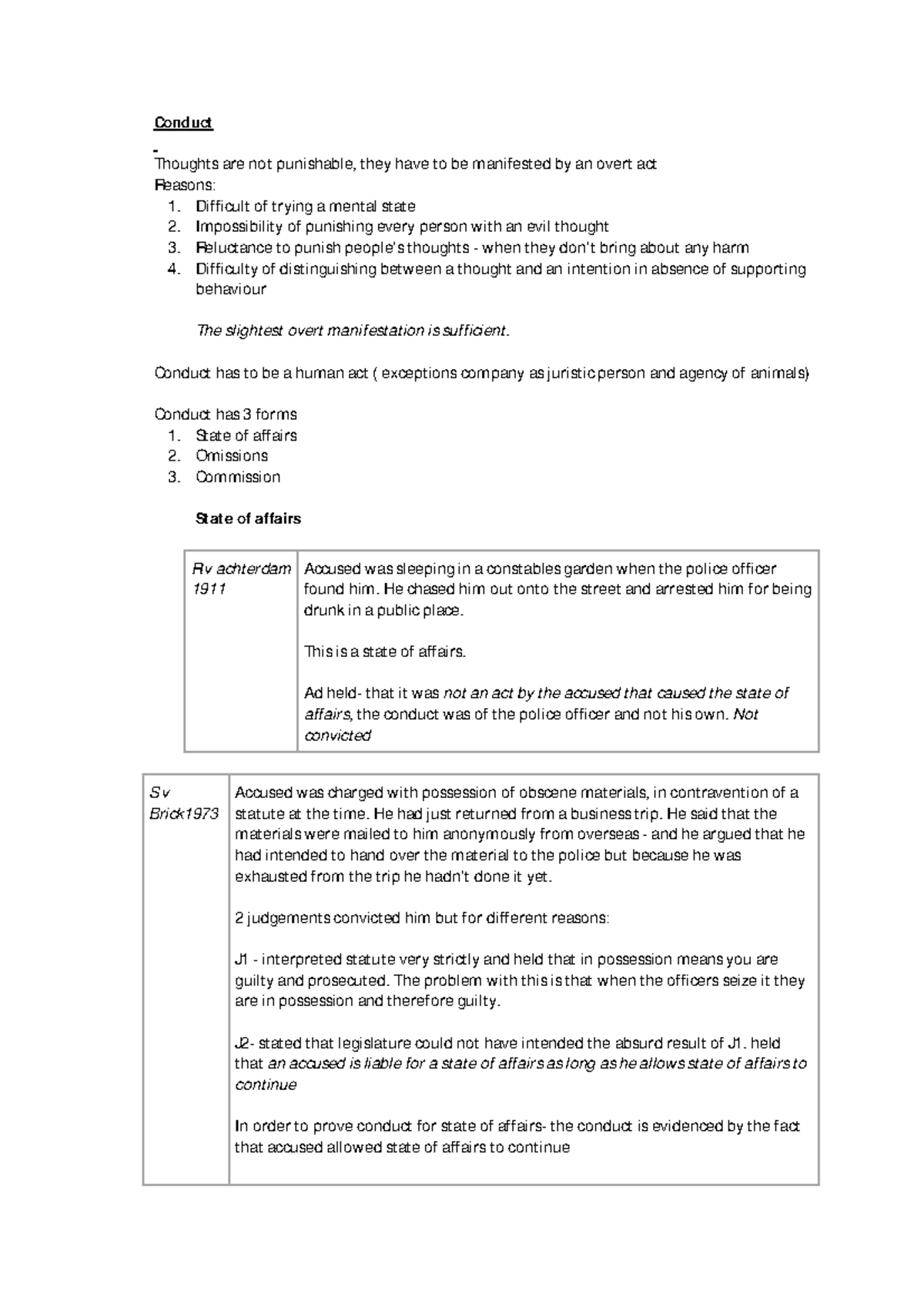 Crimnial law cases - Conduct Thoughts are not punishable, they have t o ...