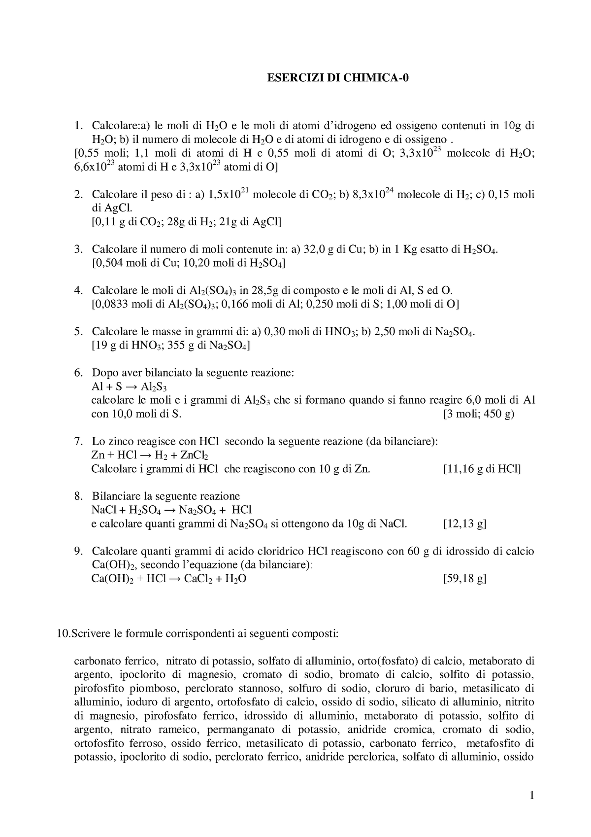 Esercizi Chimica 1 - Con Risultati - ESERCIZI DI CHIMICA- Calcolare:a ...