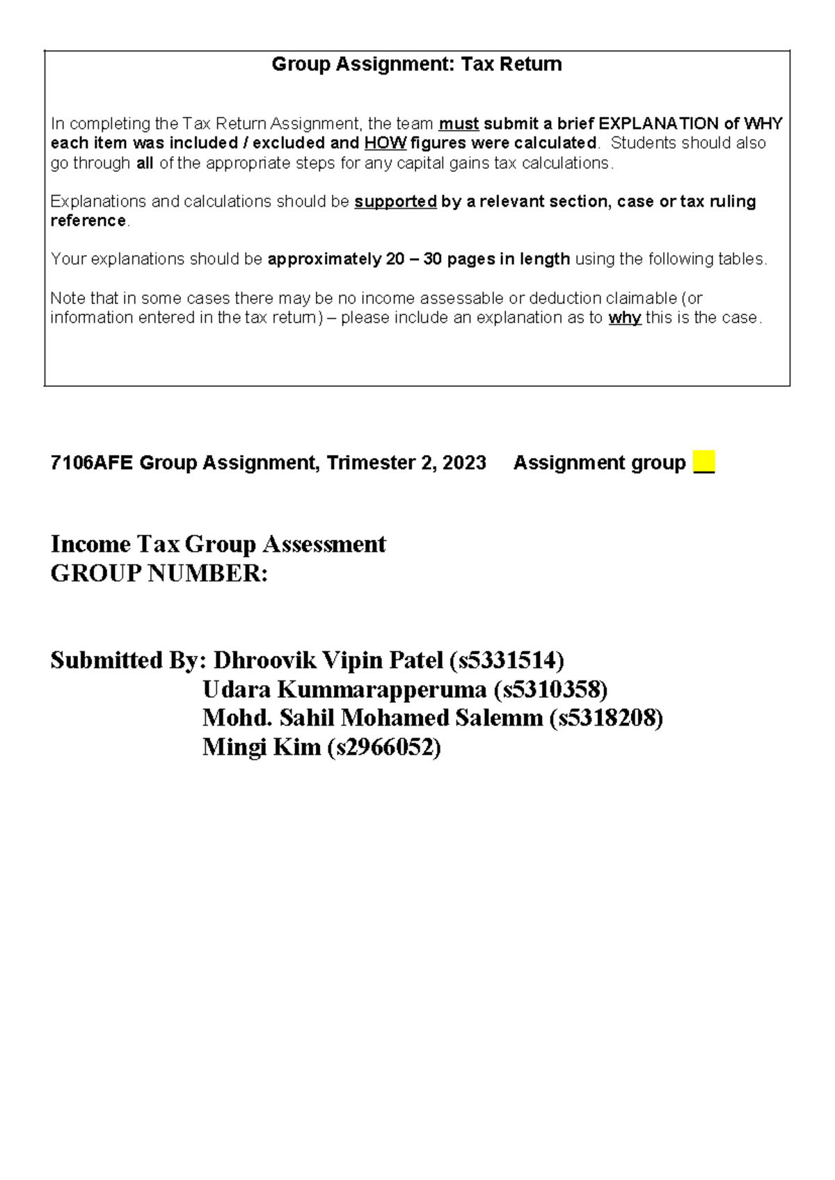 Group 1 Income Tax Assessment - Group Assignment: Tax Return In ...