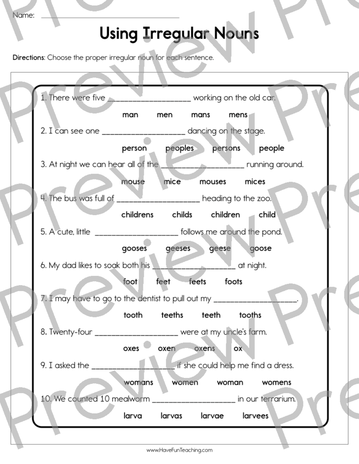 Using irregular nouns worksheets preview - Mathematics in the modern ...