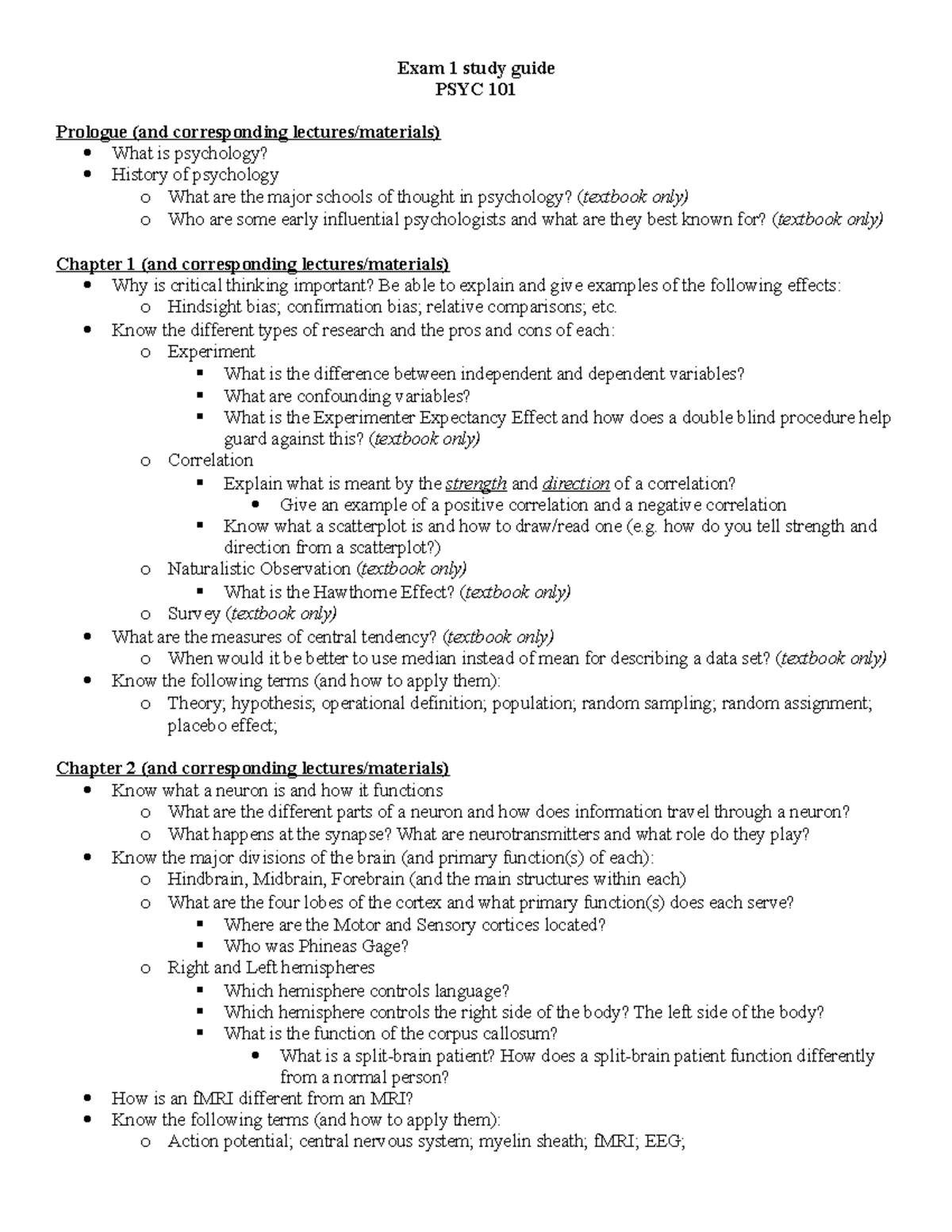 Exam 1 Study Guide S20 - Exam 1 Study Guide PSYC 101 Prologue (and ...