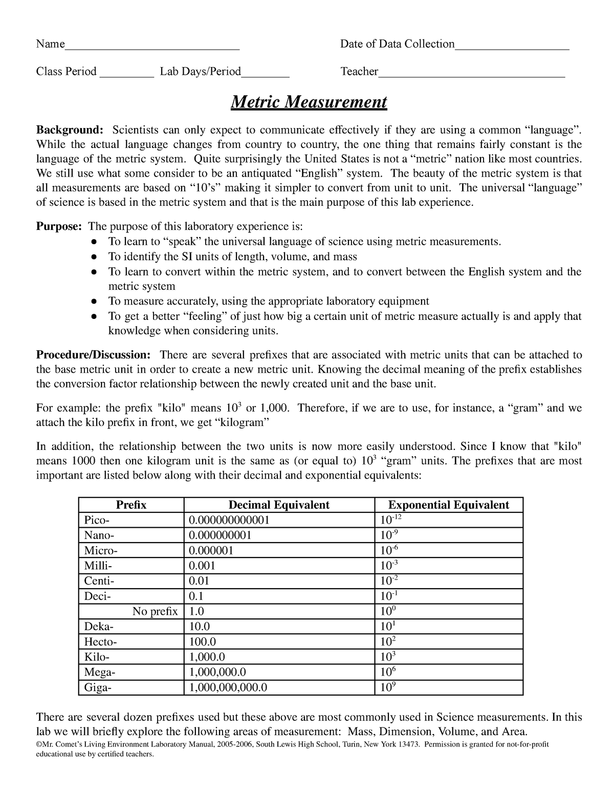 Measurement- Expt 1 [group 2] - Class Period _________ Lab Days/Period ...