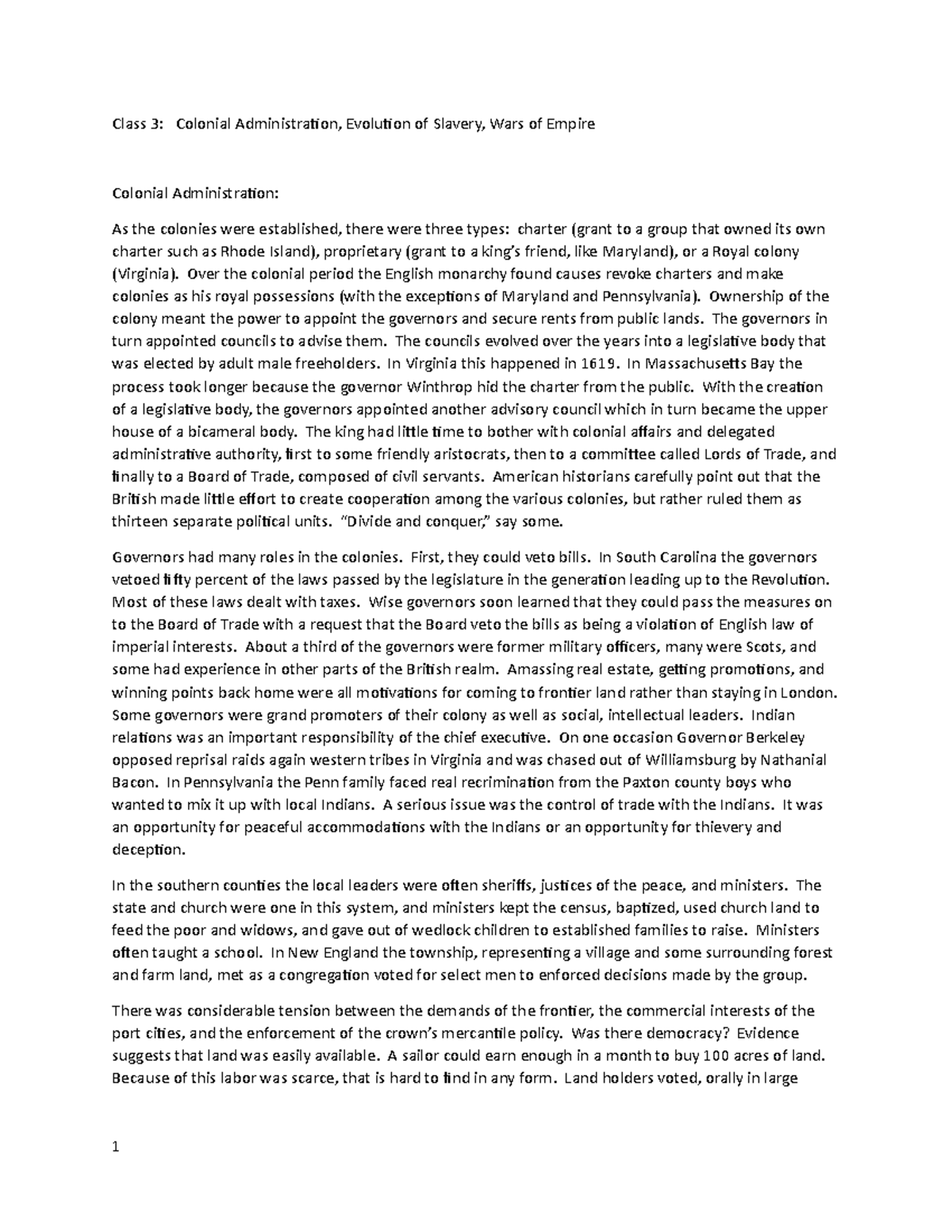 Class 3- Colonial Administration^J Evolution of Slavery^J Wars of ...