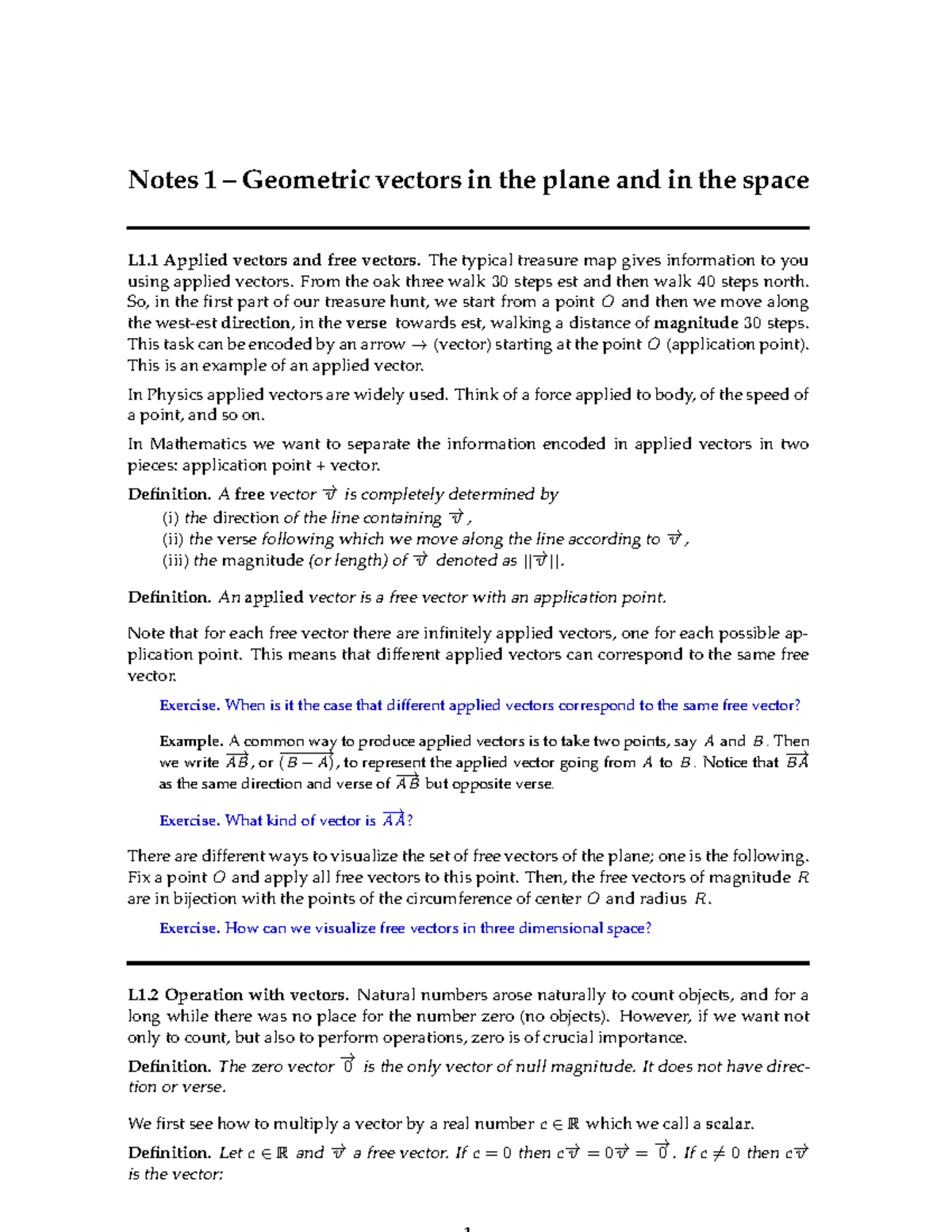 Linear Algebra and Geometry L1 - Notes 1 – Geometric vectors in the ...