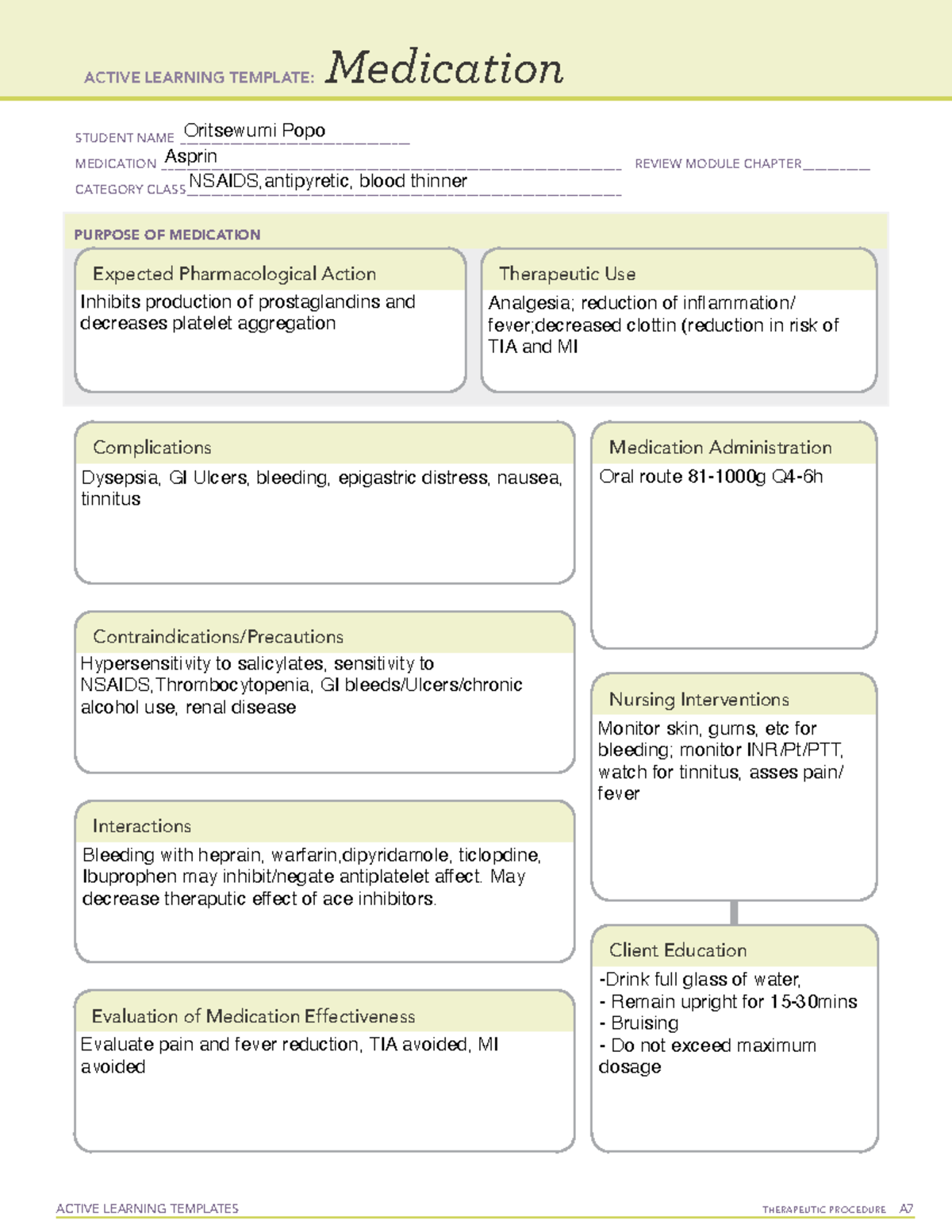 Medication asprin lecture - ACTIVE LEARNING TEMPLATES THERAPEUTIC ...