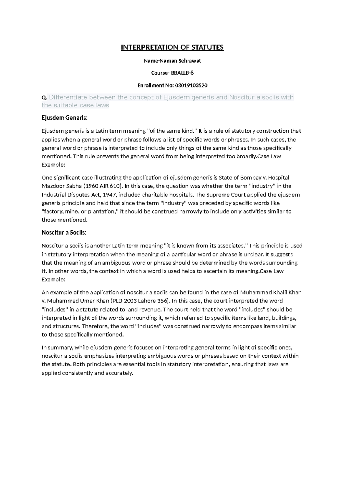 Interpretation OF Statutes UNIT4 Assignment INTERPRETATION OF