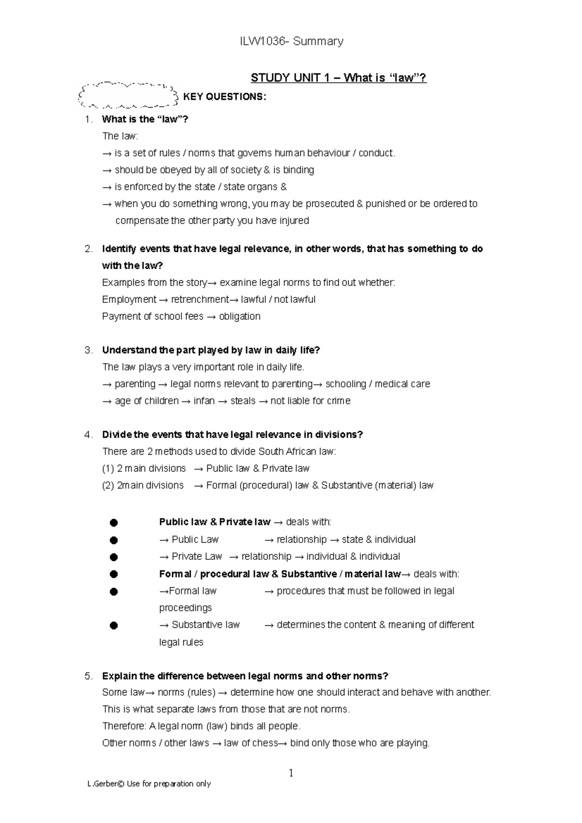 Ilw unit summaries 0 - NOTES - STUDY UNIT 1 – What is “law”? KEY ...