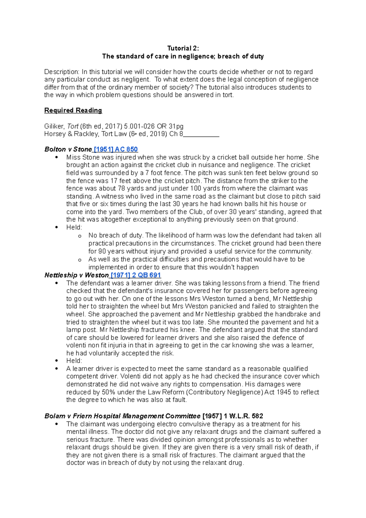 Tutorial 2 - tort law - Tutorial 2: The standard of care in negligence ...